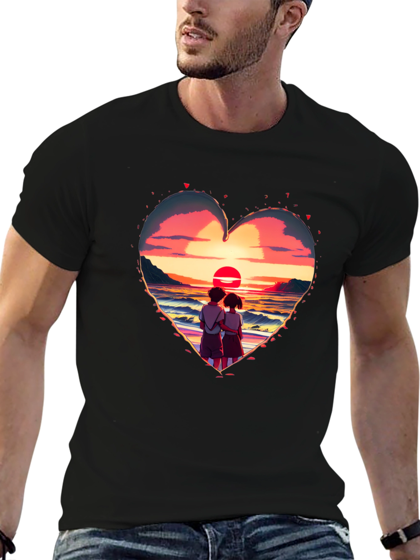 Black Sunset Lovers Heart Graphic Tee - Romantic Style view 6