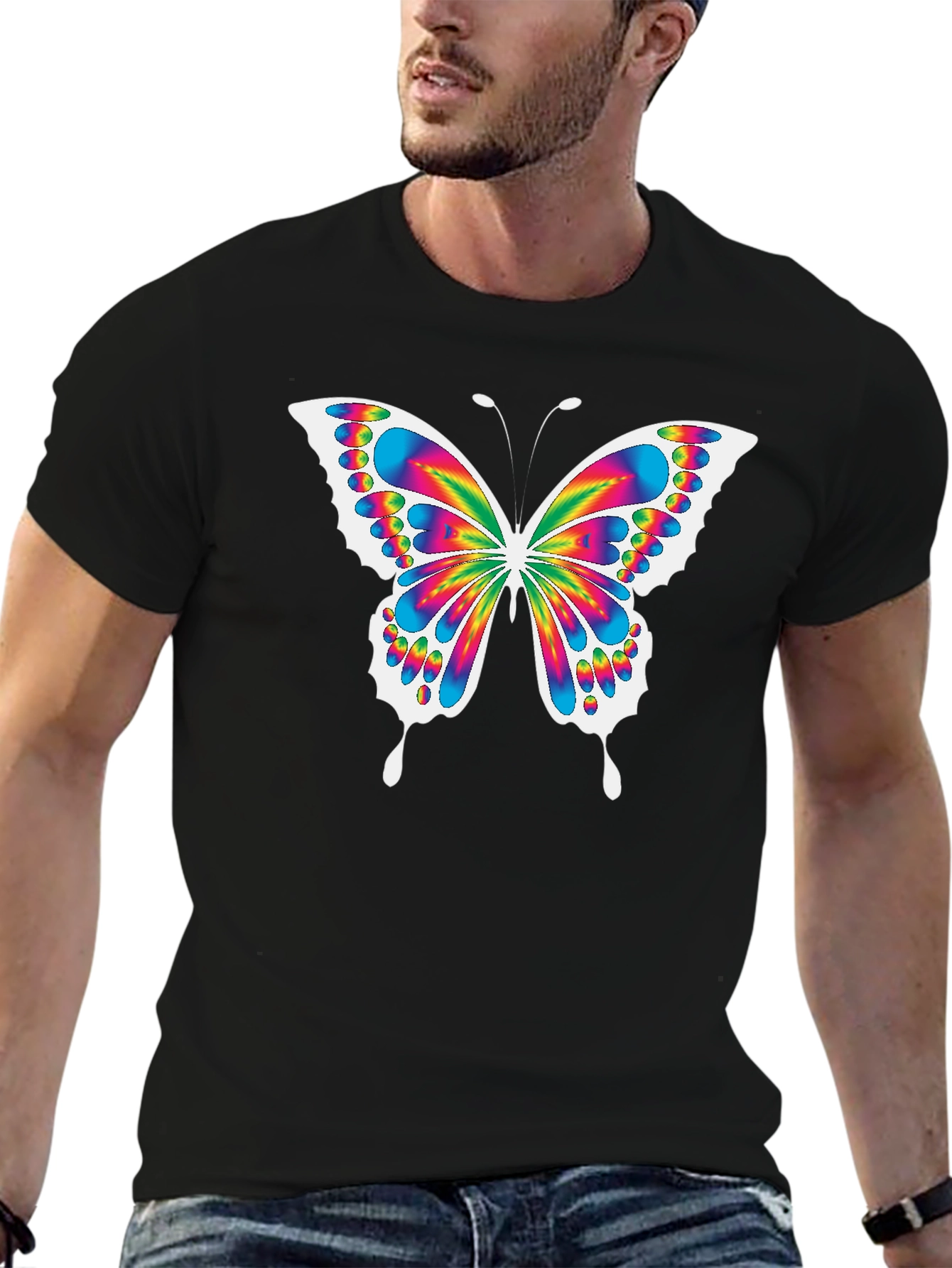 Black Rainbow Butterfly Graphic Black T-Shirt view 6