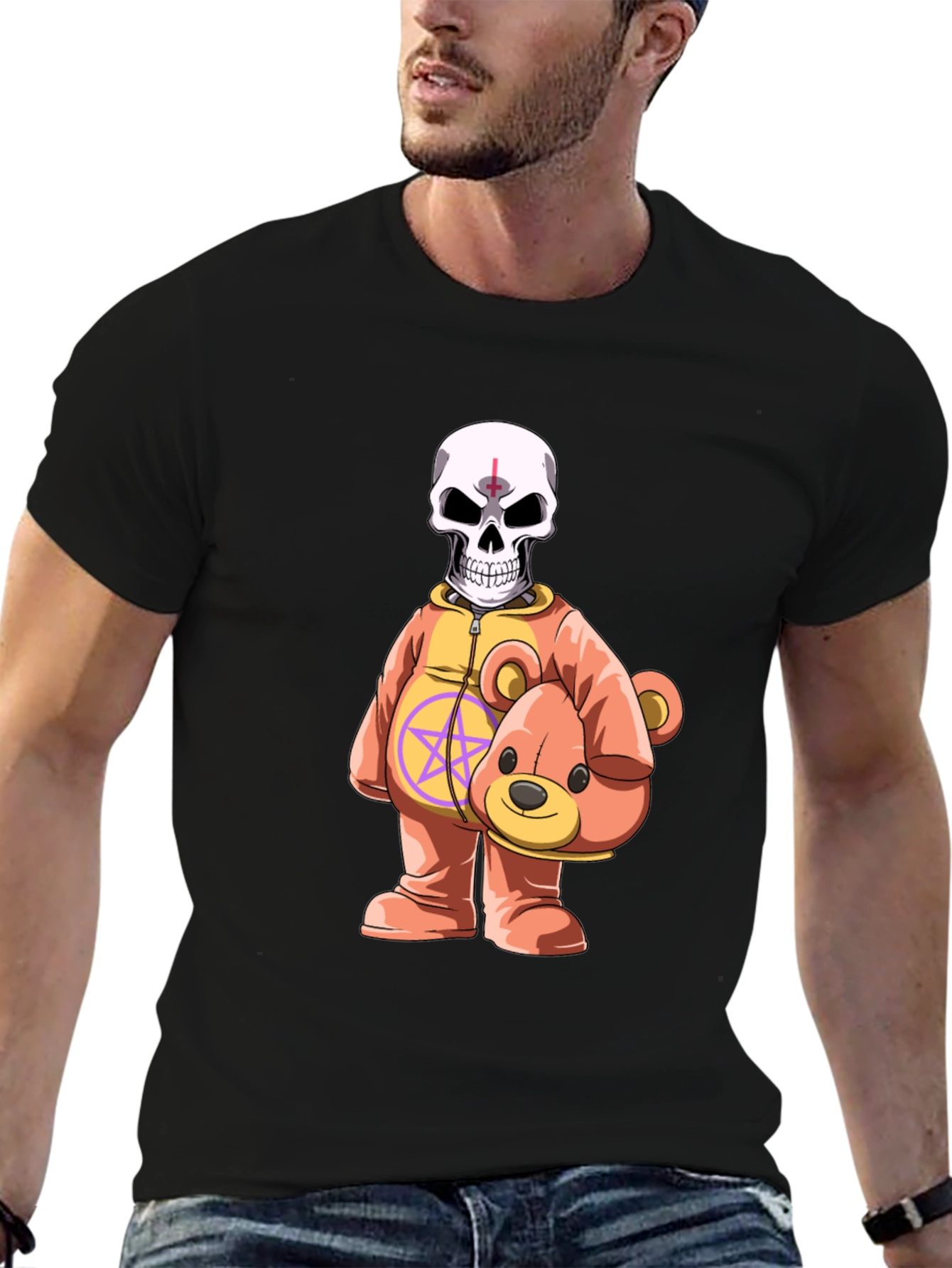 Black Skull Teddy Bear Graphic Tee - Edgy Novelty Shirt view 6