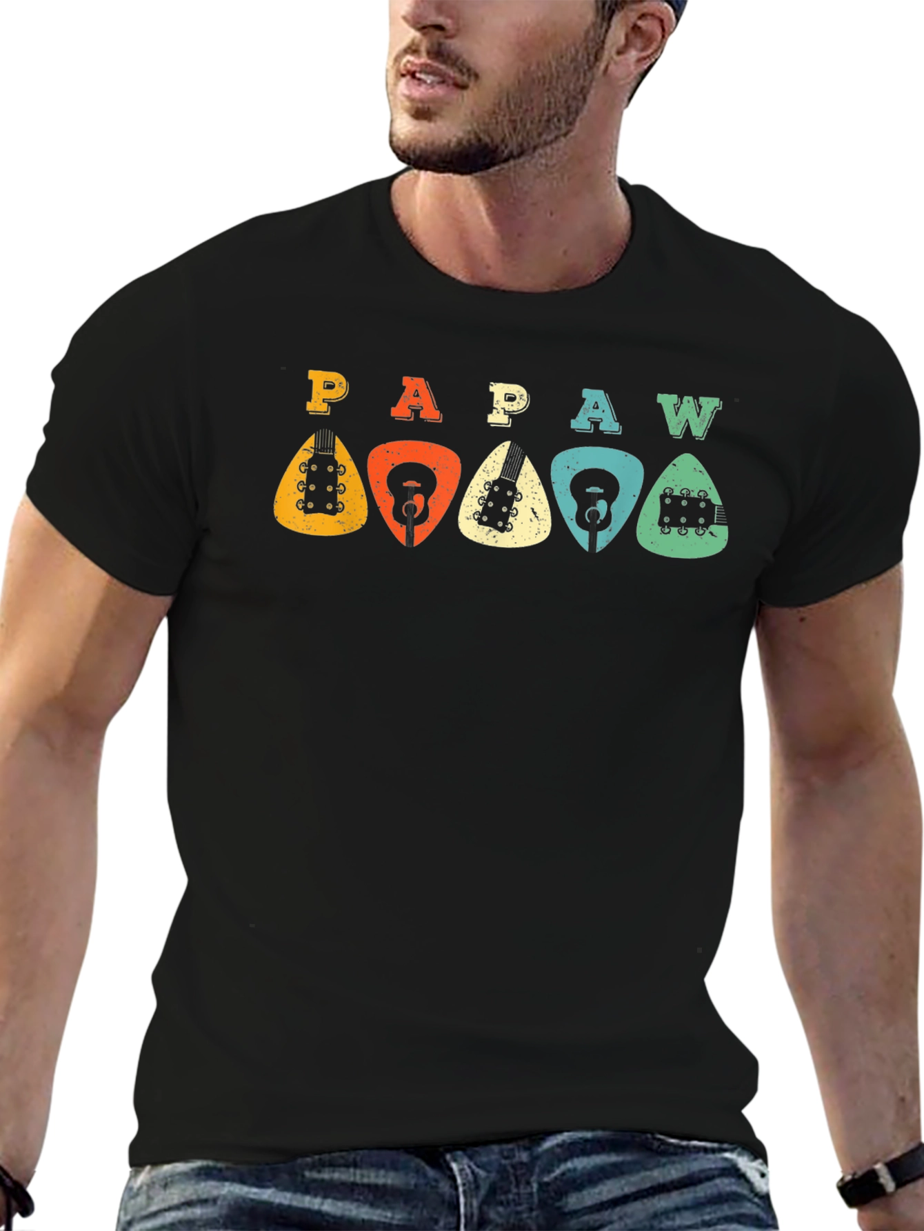 Black Retro PAPAW Guitar Pick T-Shirt view 6