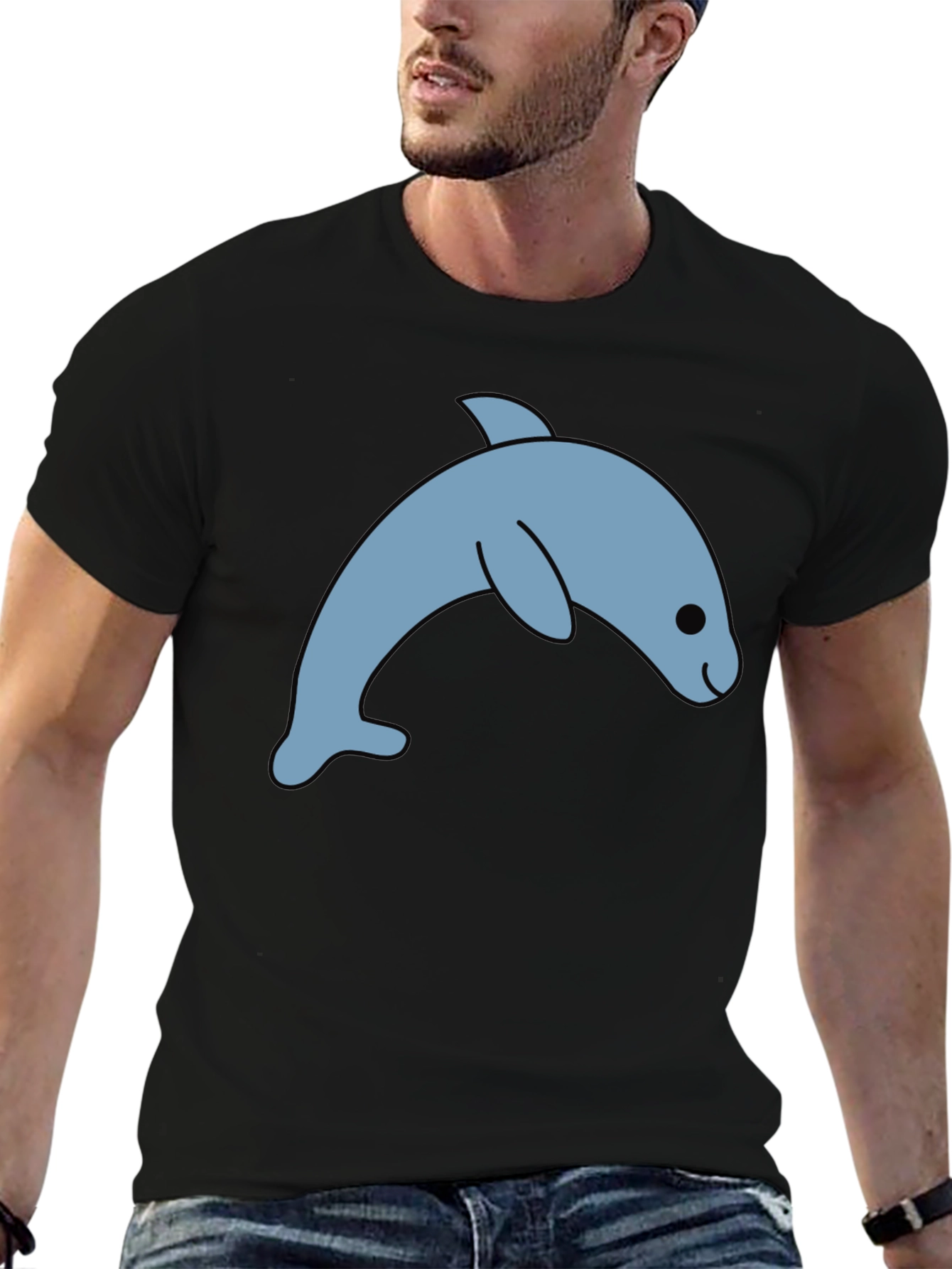 Black Cute Dolphin Graphic Tee - Black Cotton T-Shirt view 6