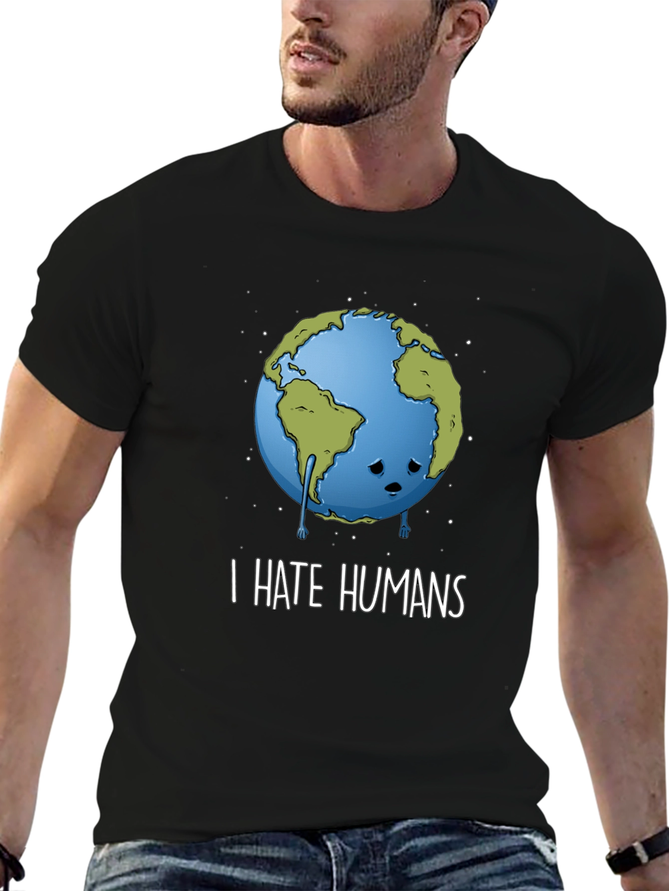 Black Sad Earth Graphic Tee - I Hate Humans - Black Cotton T-Shirt view 6