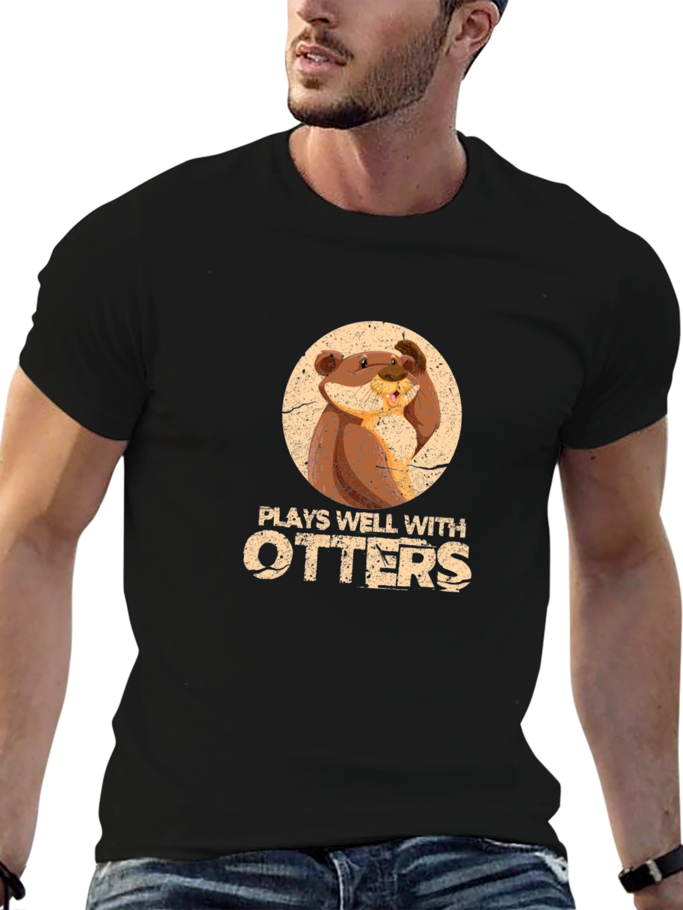 Black Plays Well With Otters Funny Graphic T-Shirt view 6