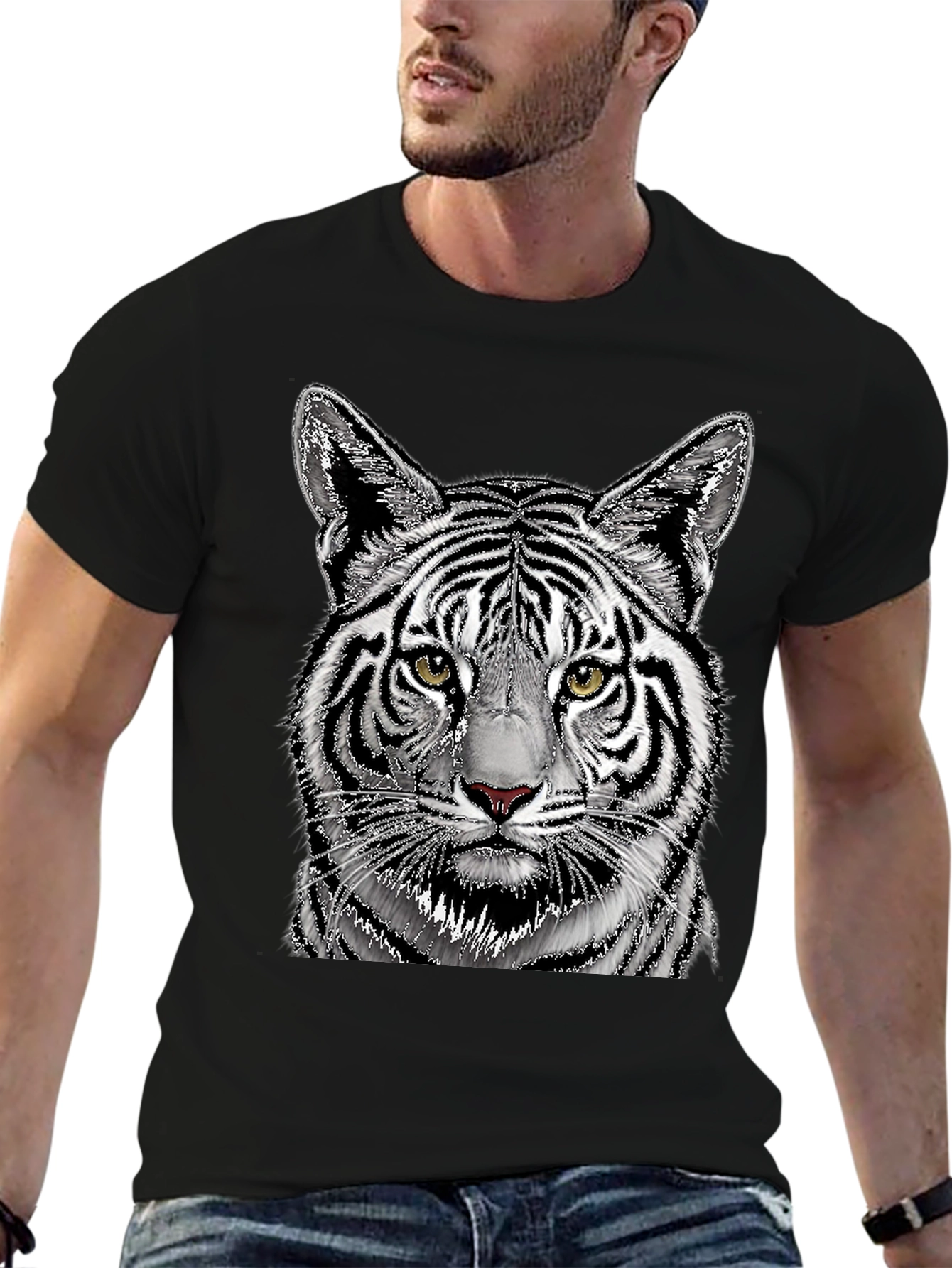 Black White Tiger Graphic Print Black T-Shirt view 6