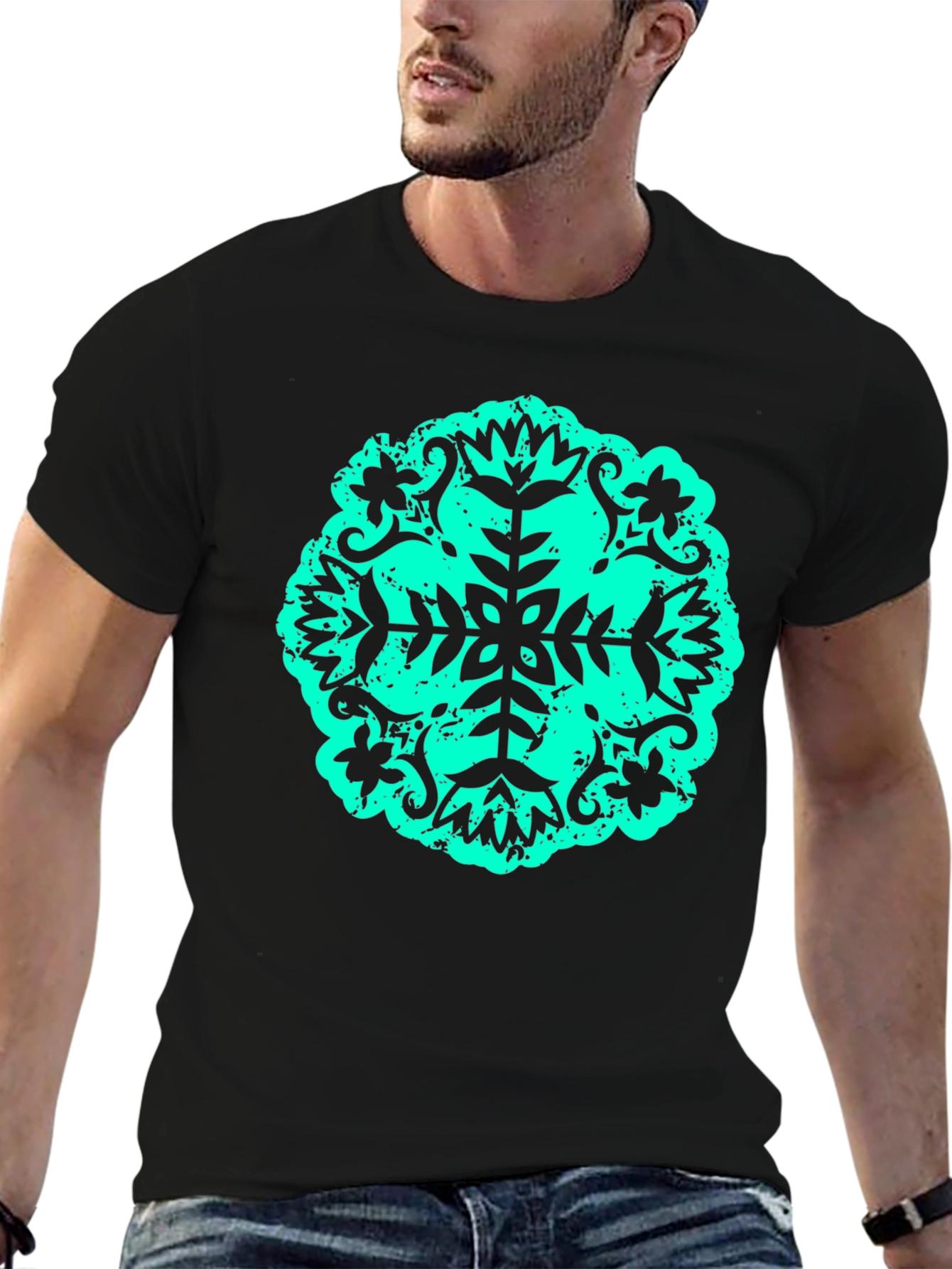 Black Abstract Teal Print Black Tee view 6