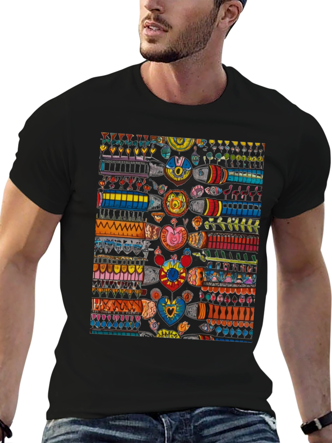 Black Colorful Abstract Pattern Black T-Shirt view 6