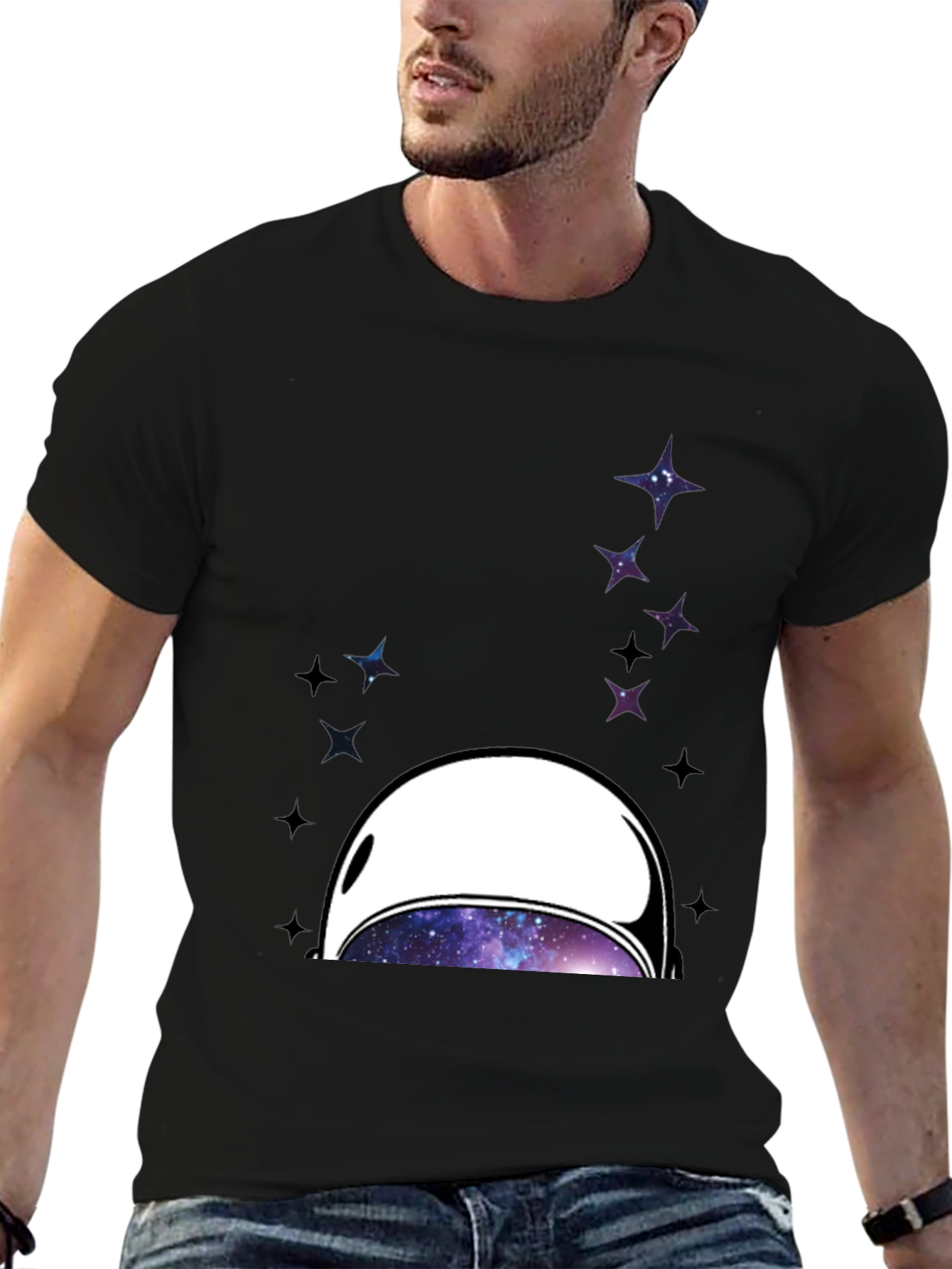 Black Astronaut Helmet Graphic T-Shirt - Space Galaxy Design view 6
