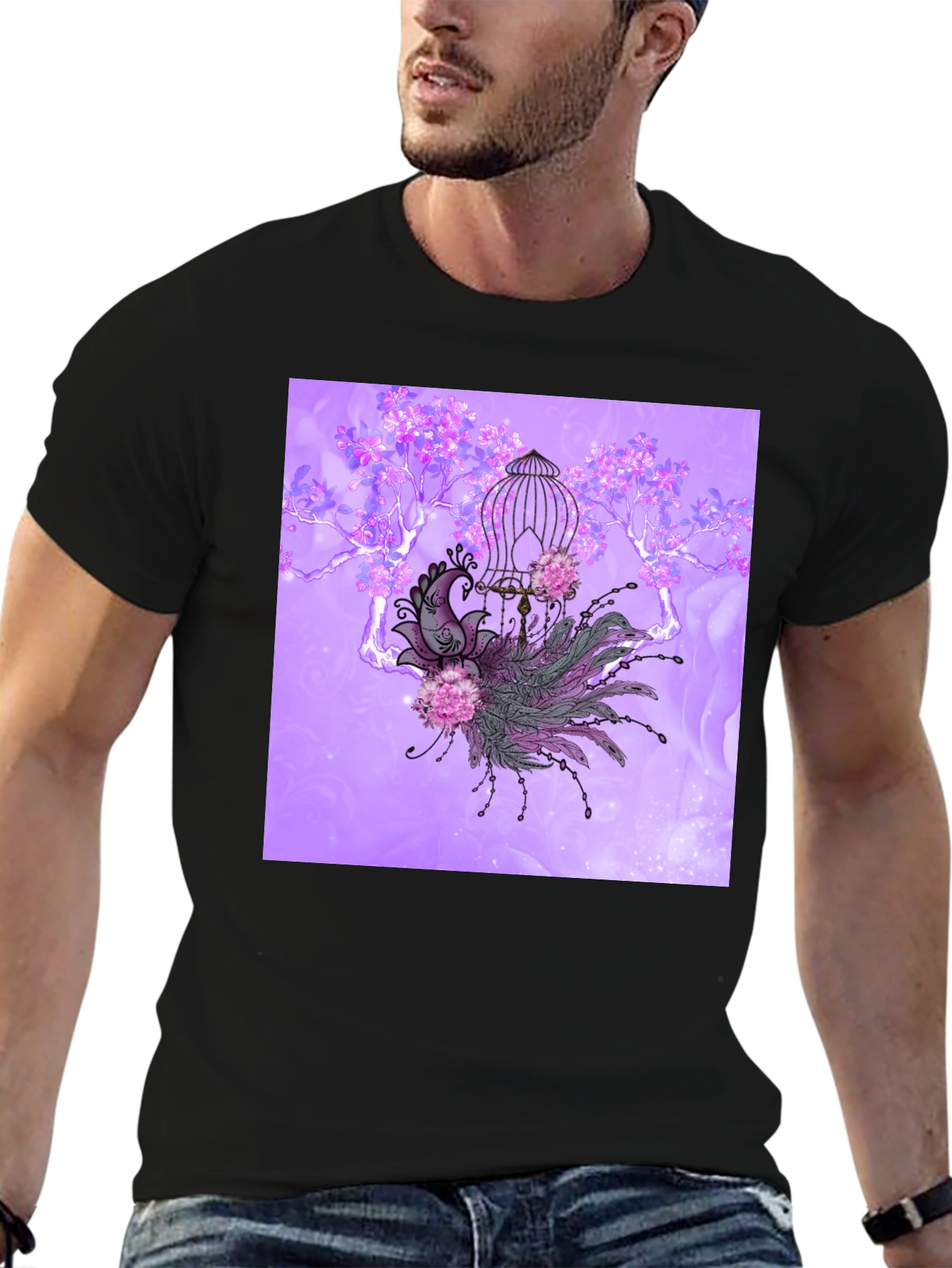Black Elegant Peacock Cage Graphic T-Shirt view 6