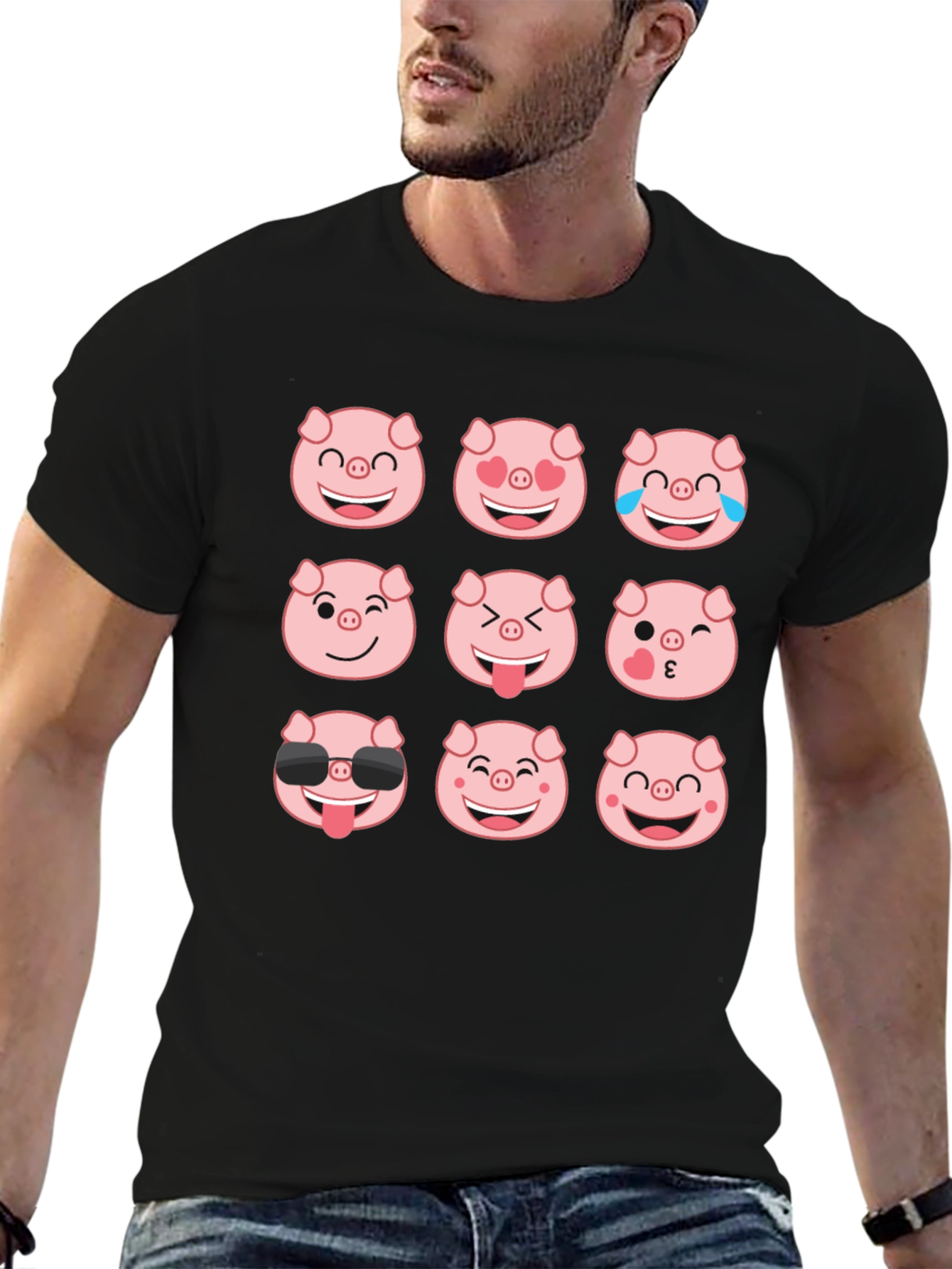Black Pig Emoji T-Shirt - Black Cotton Crew Neck Tee view 6