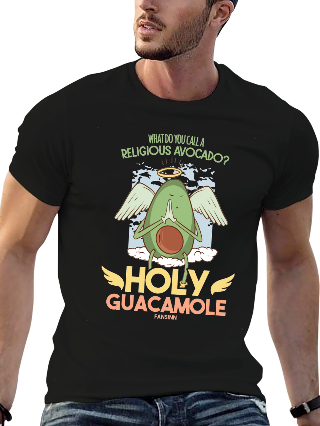 Black Holy Guacamole T-Shirt - Religious Avocado Pun Tee view 6