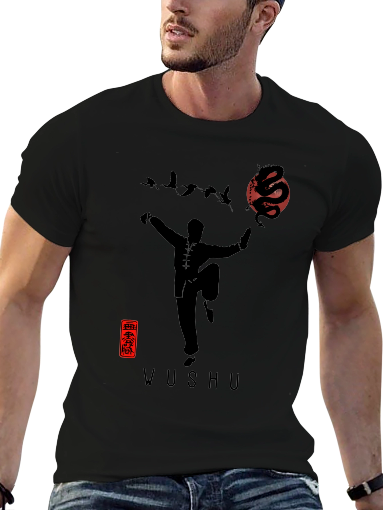 Wushu Martial Arts Dragon Graphic Black T-Shirt - 6