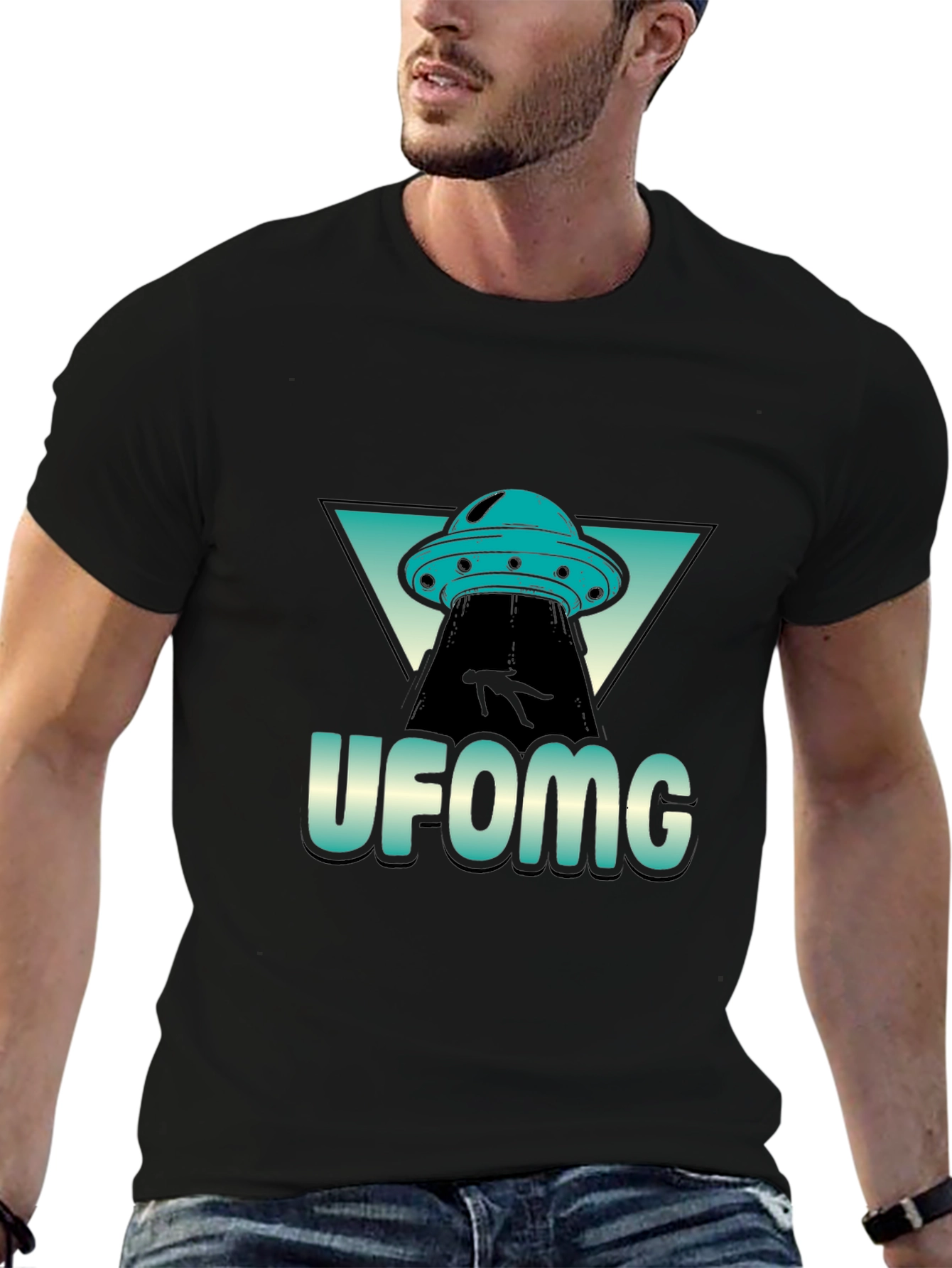 Black UFO Abduction Graphic T-Shirt - "UFOMG" Design view 6