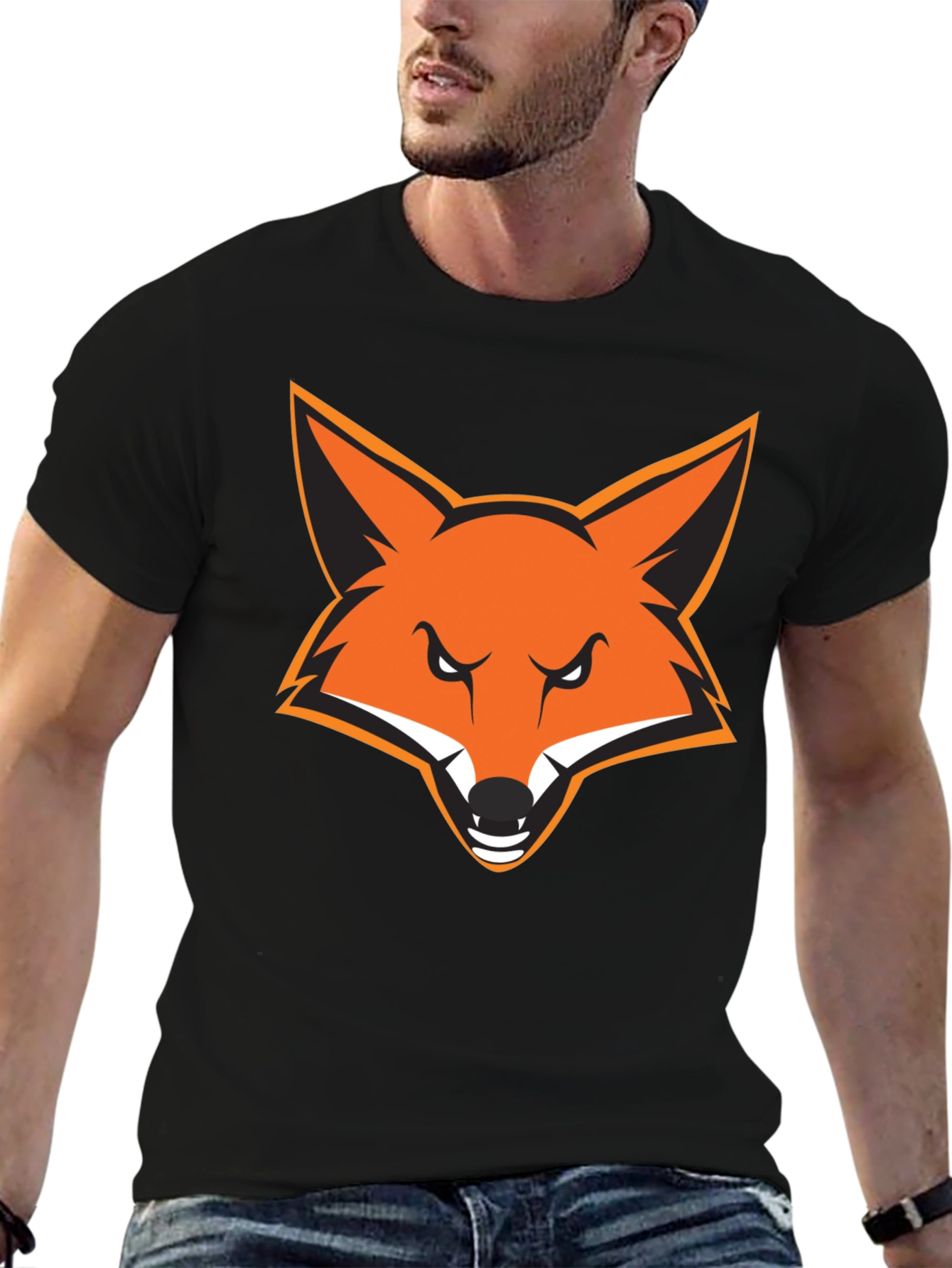 Black Men's Black T-Shirt with Bold Fox Graphic view 6