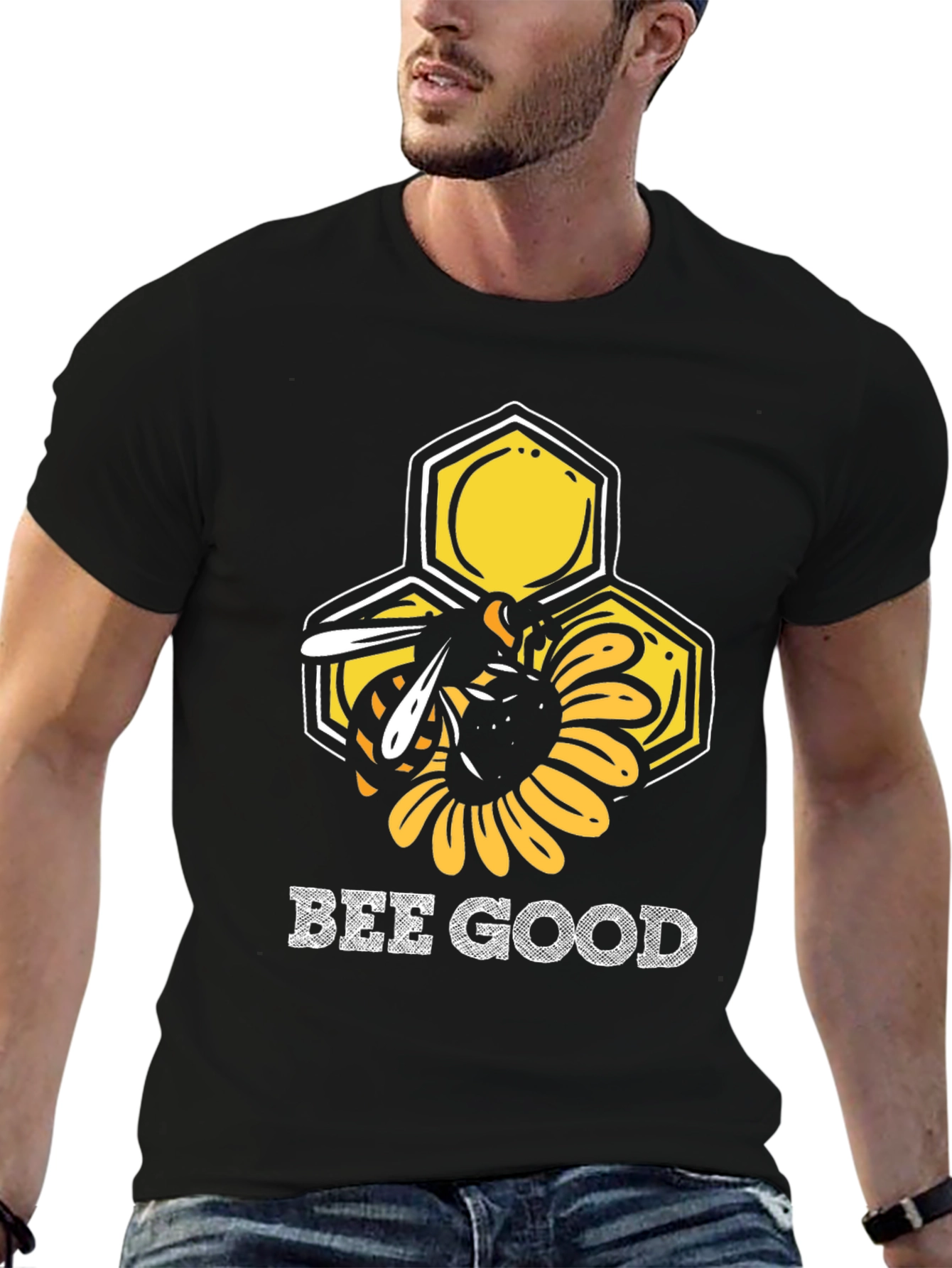 Black Bee Good Graphic T-Shirt - Honeycomb & Sunflower Design view 6