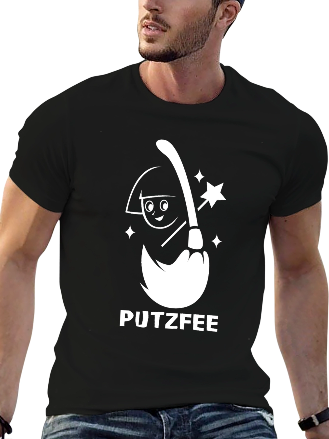 Black Putzfee Cartoon Broom T-Shirt - Black Graphic Tee view 6