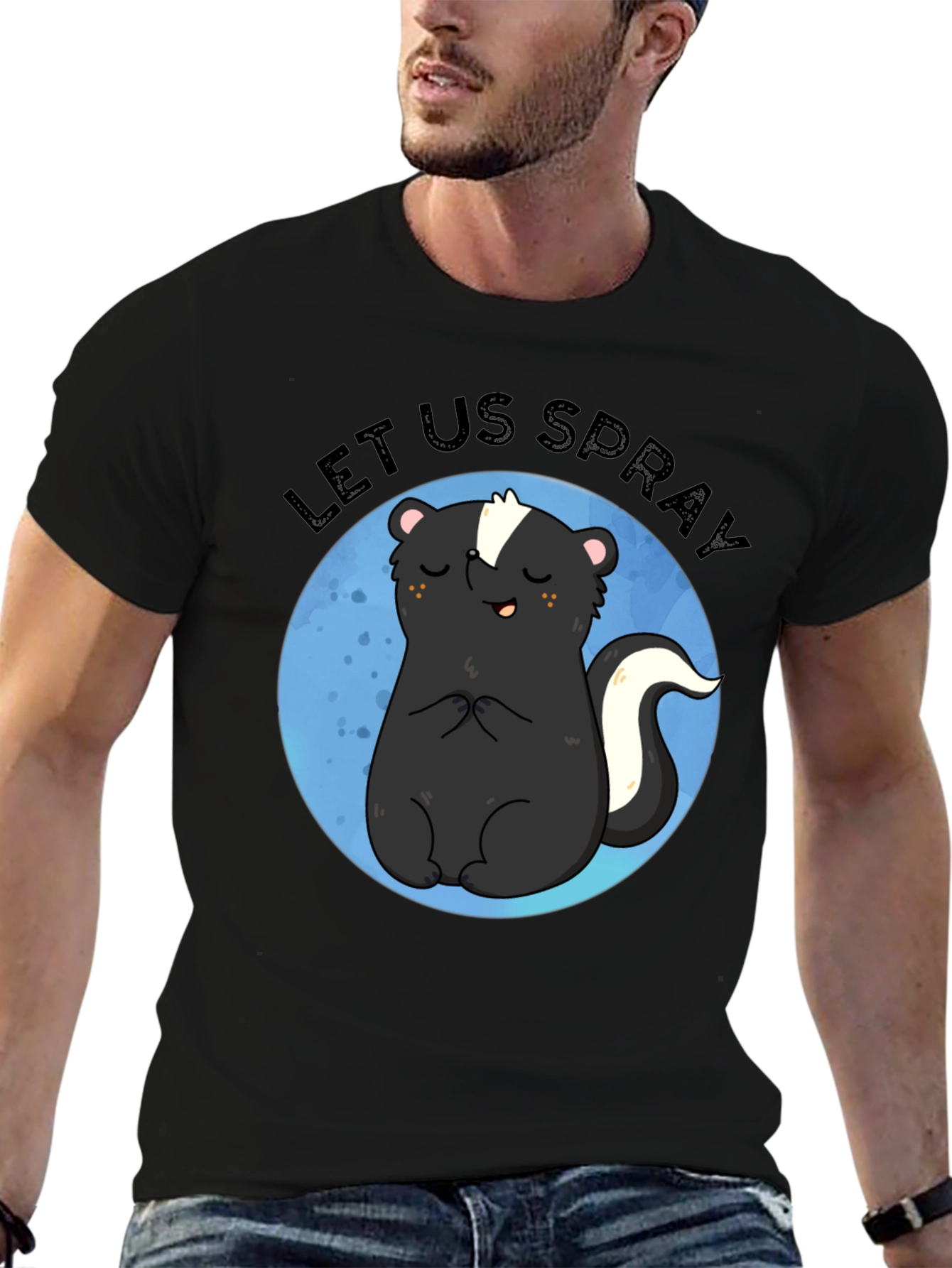 Black Let Us Spray Funny Skunk T-Shirt view 6