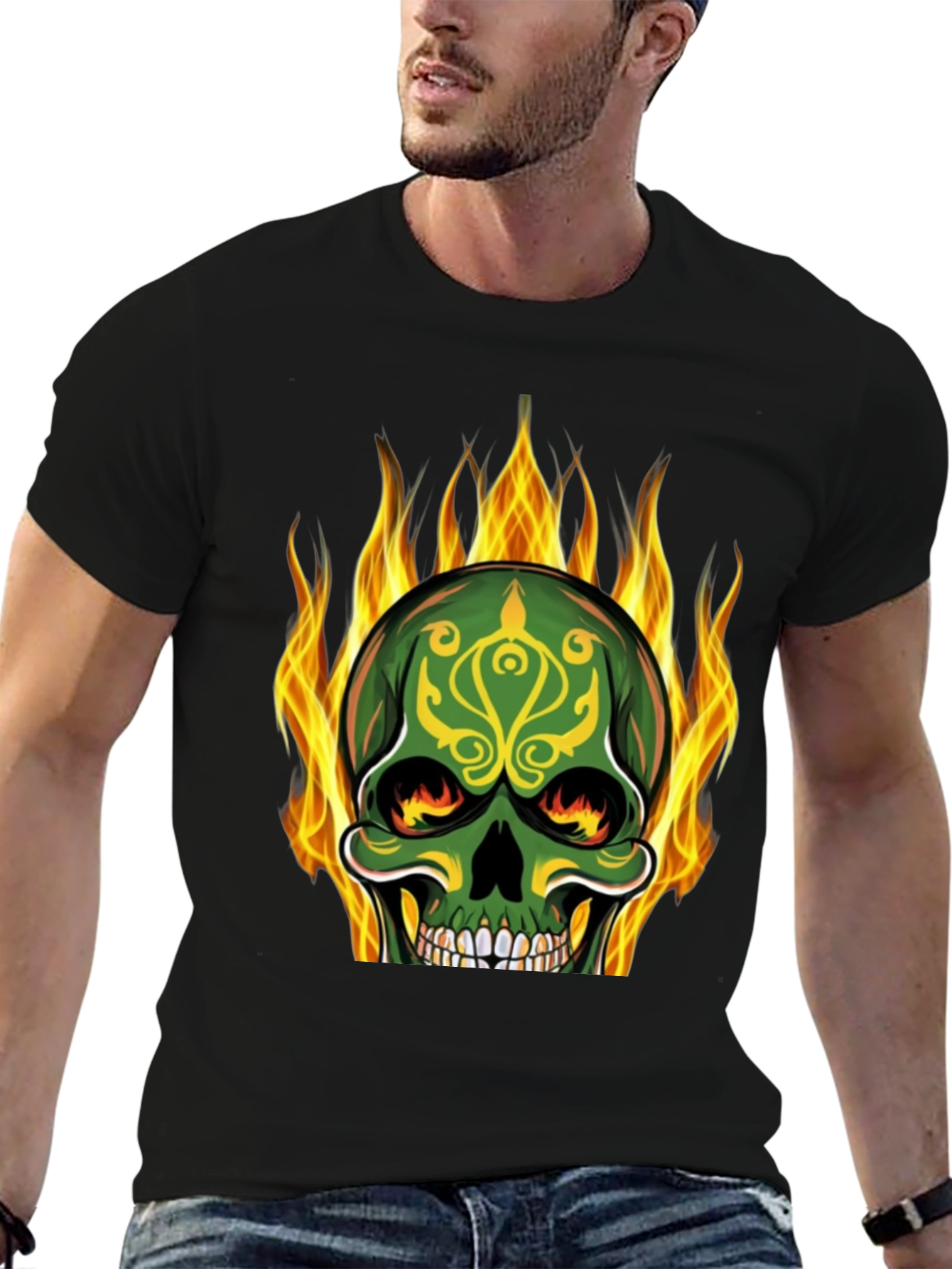 Black Flaming Skull Graphic Tee - Black Cotton T-Shirt view 6