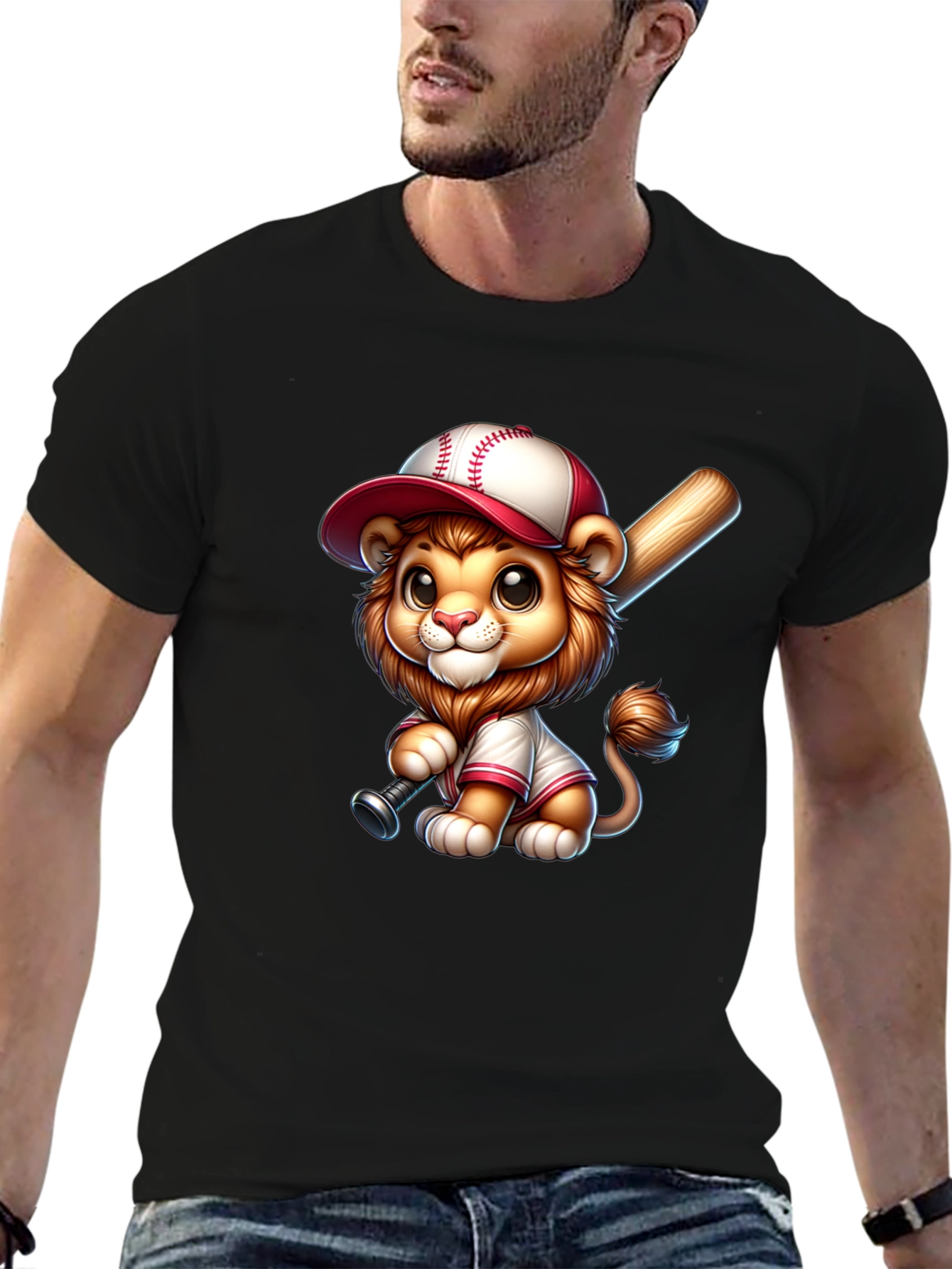 Black Cute Lion Baseball T-Shirt view 6