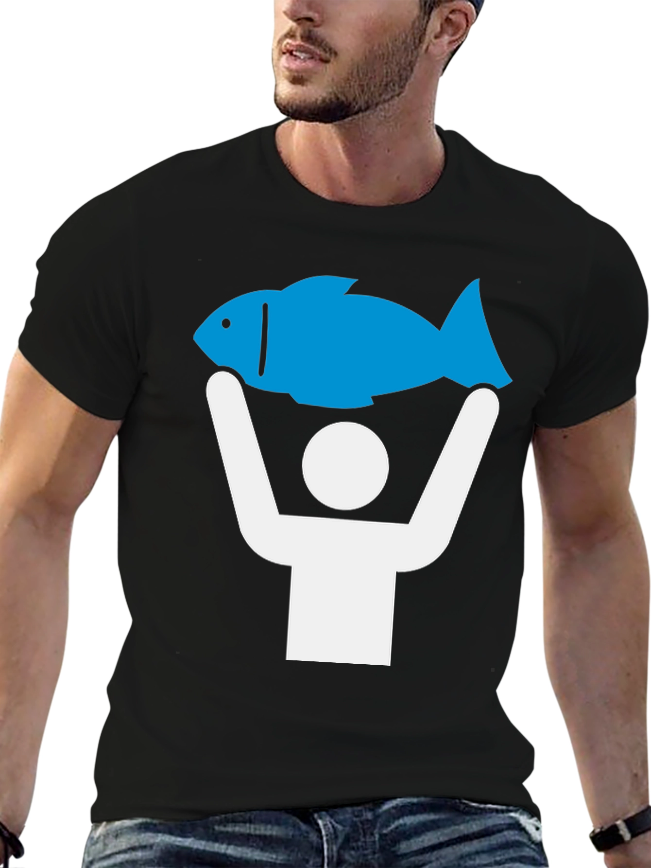 Black Funny Fish Catch T-Shirt - Blue Graphic Tee view 6