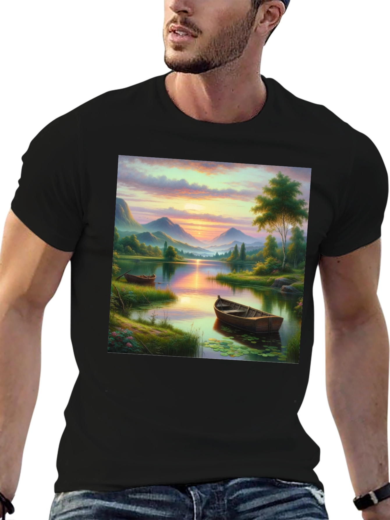 Black Lake Sunset Boat T-Shirt - Artistic Graphic Tee view 6