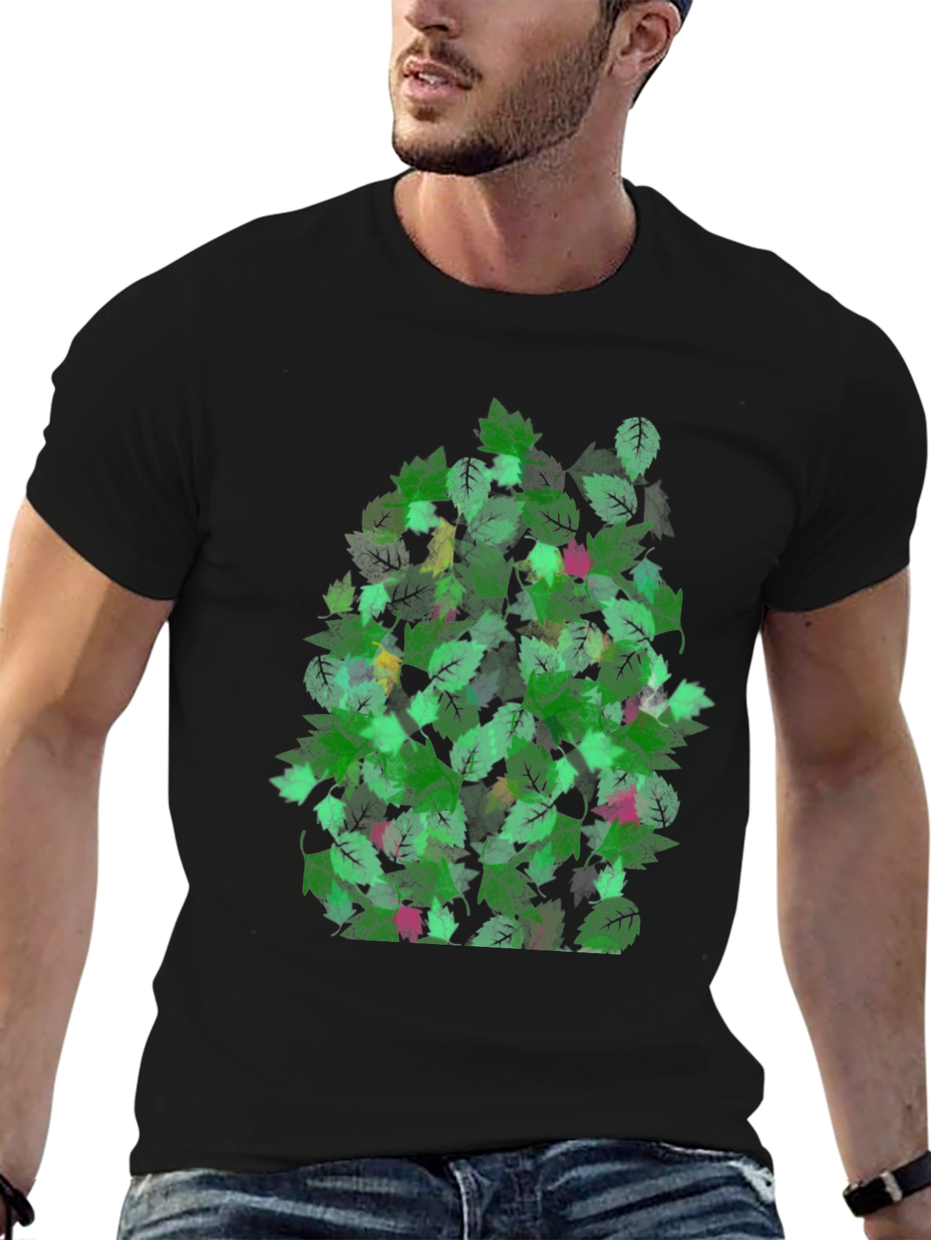Black Leaf Pattern Black T-Shirt view 6