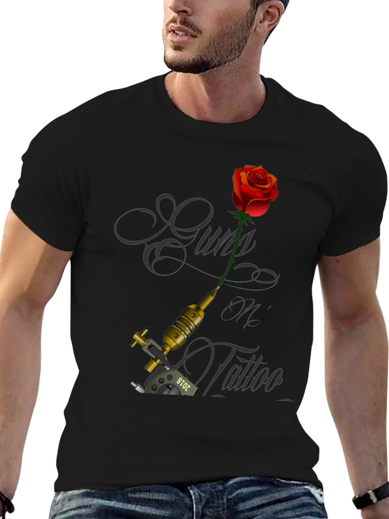Guns Oil Tattoo Black T-Shirt with Rose and Tattoo Machine - 6