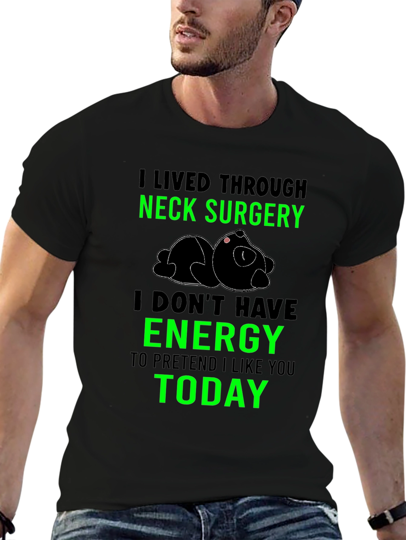 Black Neck Surgery Survivor T-Shirt, Funny Lazy Panda Tee view 6