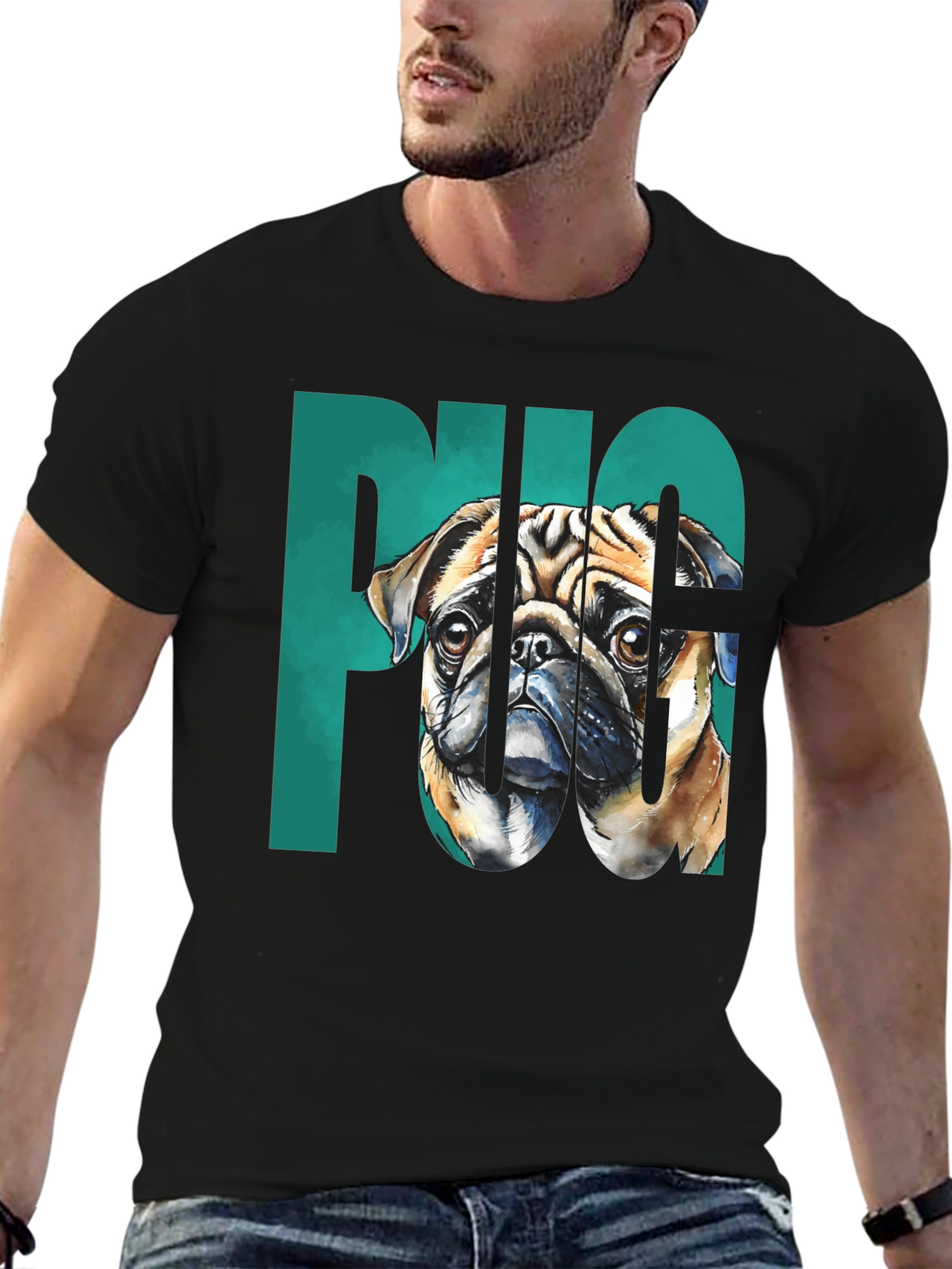 Black Pug Graphic Tee - Men's Black Cotton T-Shirt view 6
