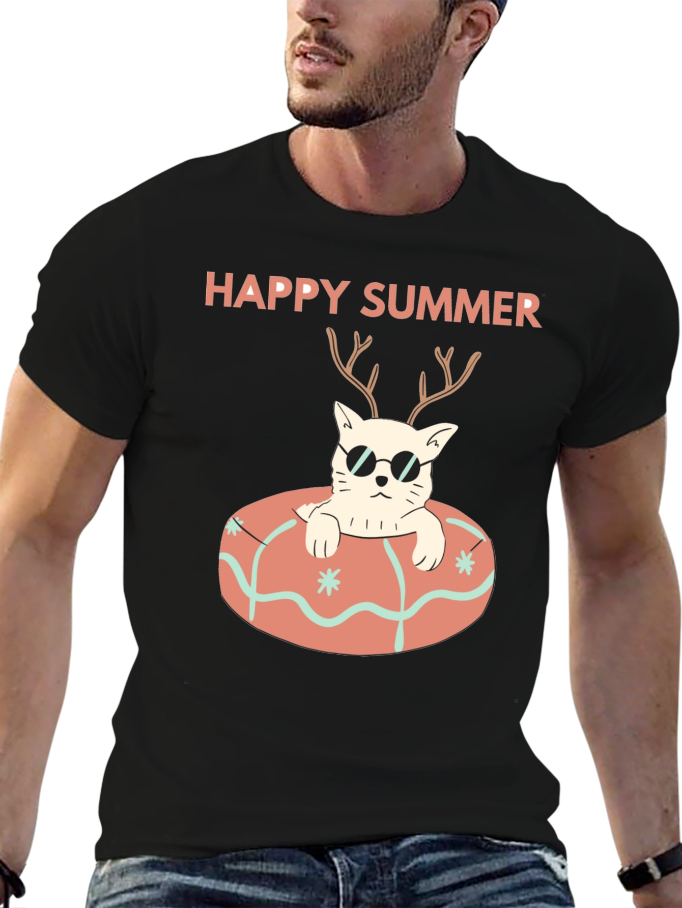 Black Happy Summer Cat T-Shirt - Black Graphic Tee view 6