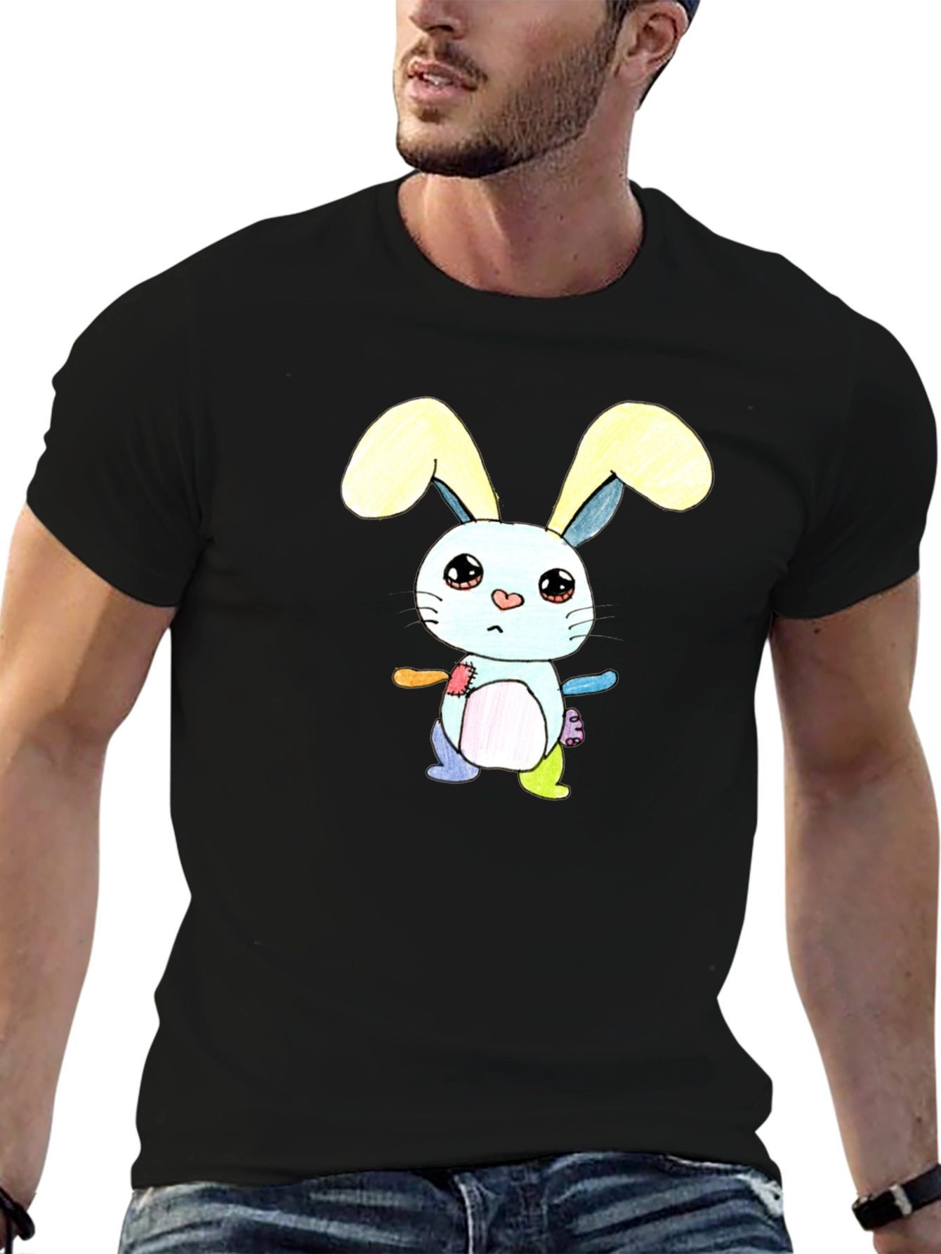 Black Cute Cartoon Bunny T-Shirt - Unisex Black Tee view 6