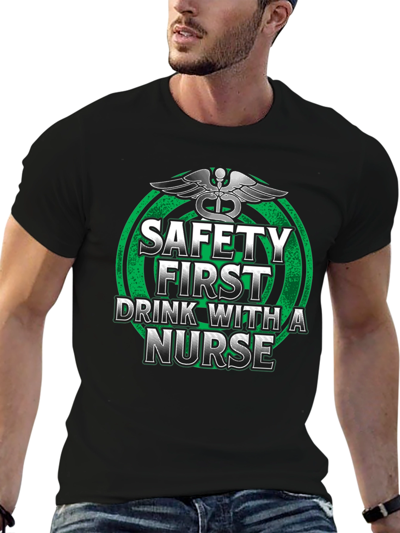 Black Safety First Drink With a Nurse T-Shirt view 6