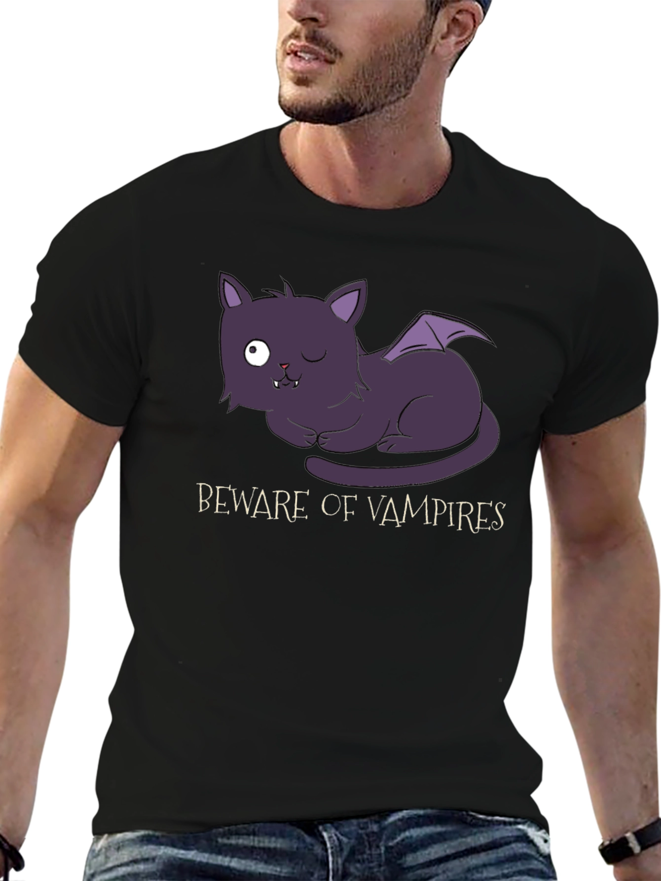 Black Beware of Vampires Cat T-Shirt - Halloween view 6