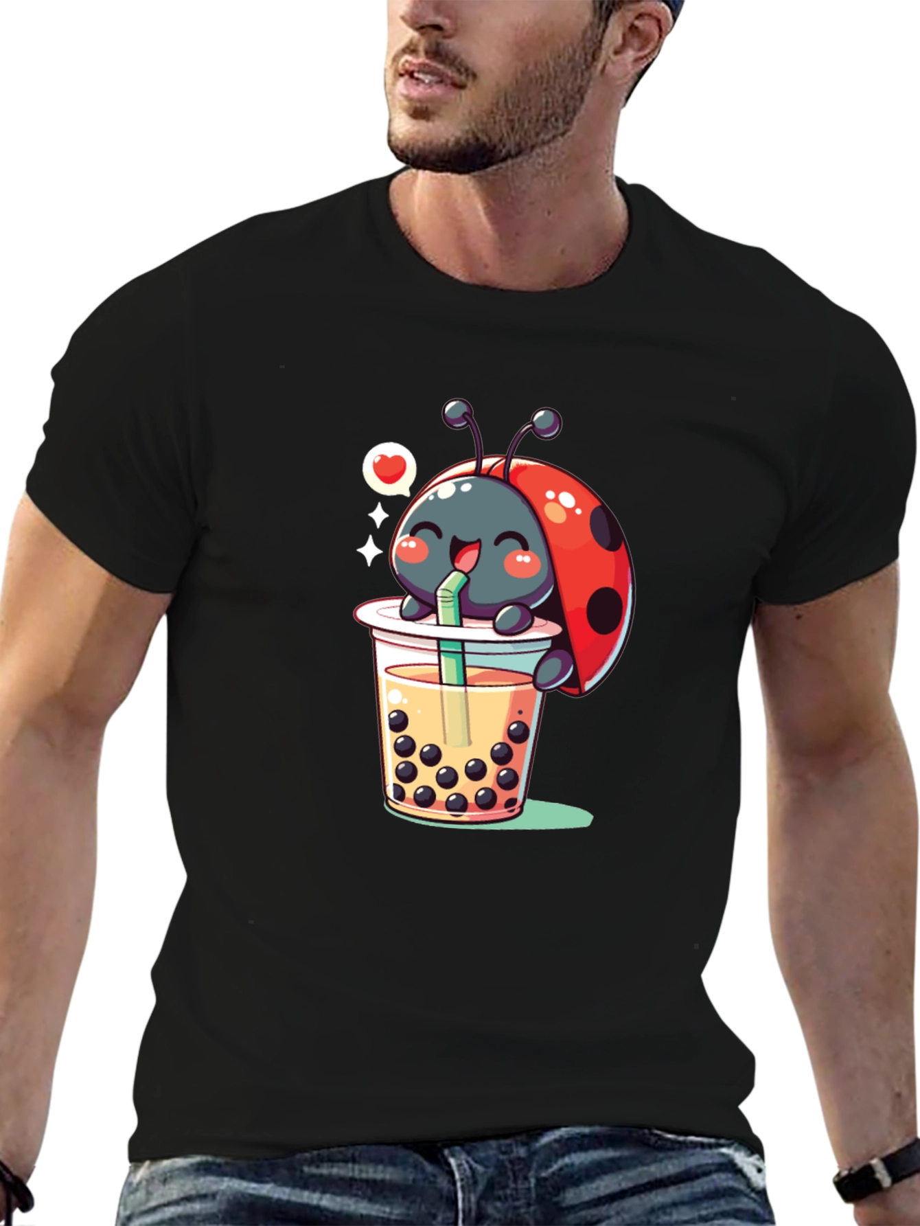 Black Ladybug Boba Tea Graphic Tee - Black Cotton T-Shirt view 6