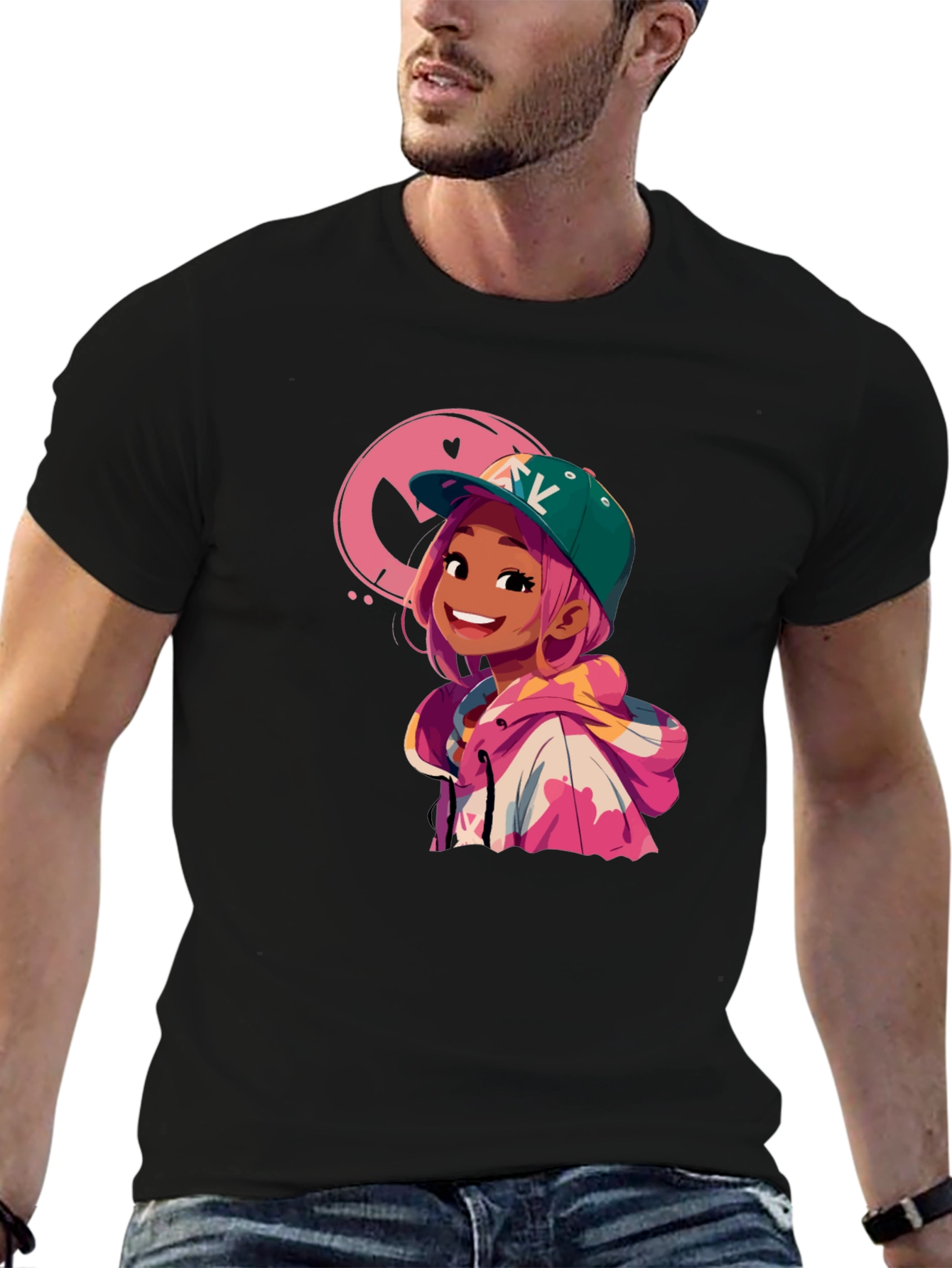 Black Cartoon Girl Graphic Black T-Shirt view 6