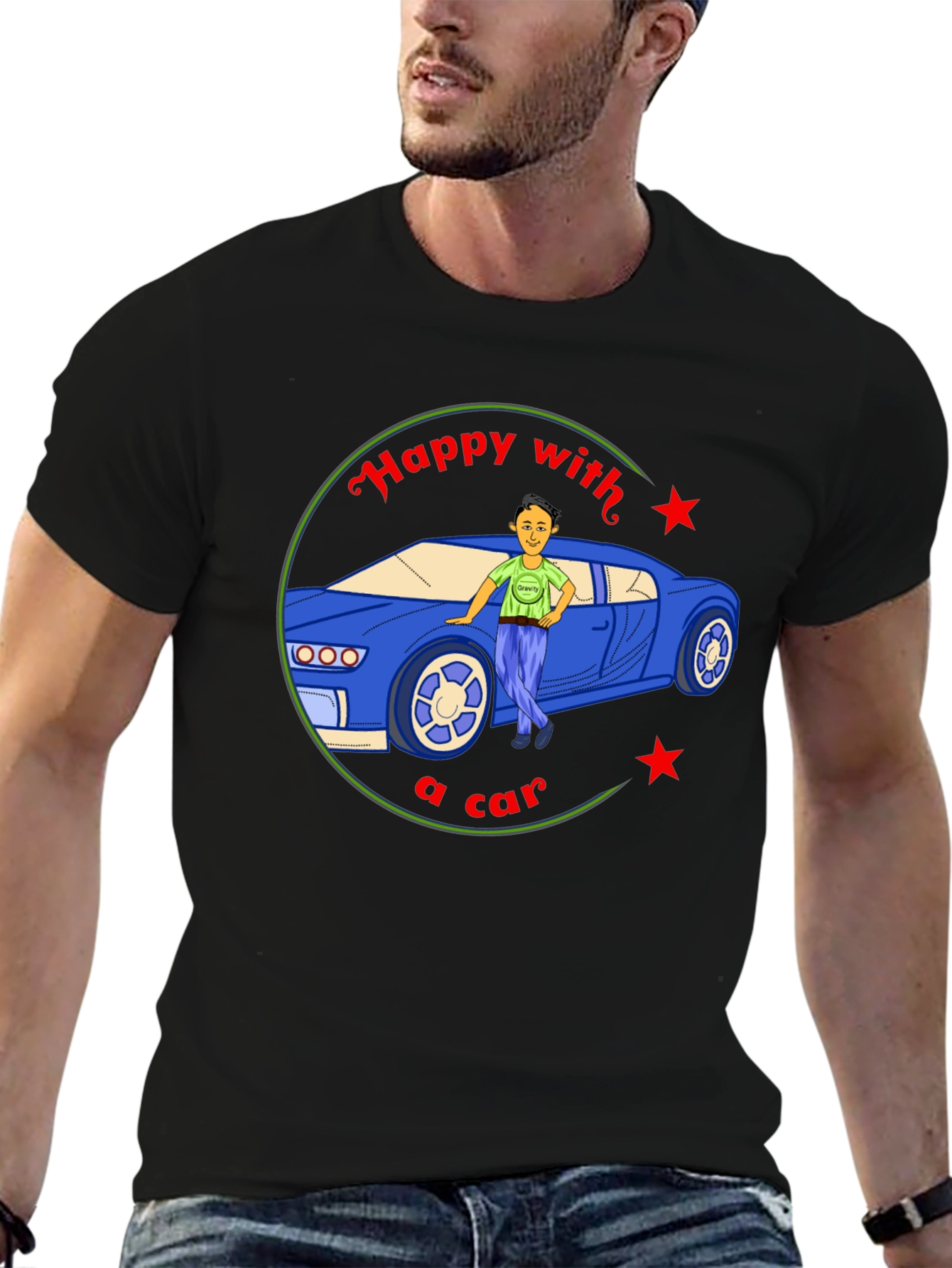 Black Happy with a Car Graphic Tee - Black Cotton view 6