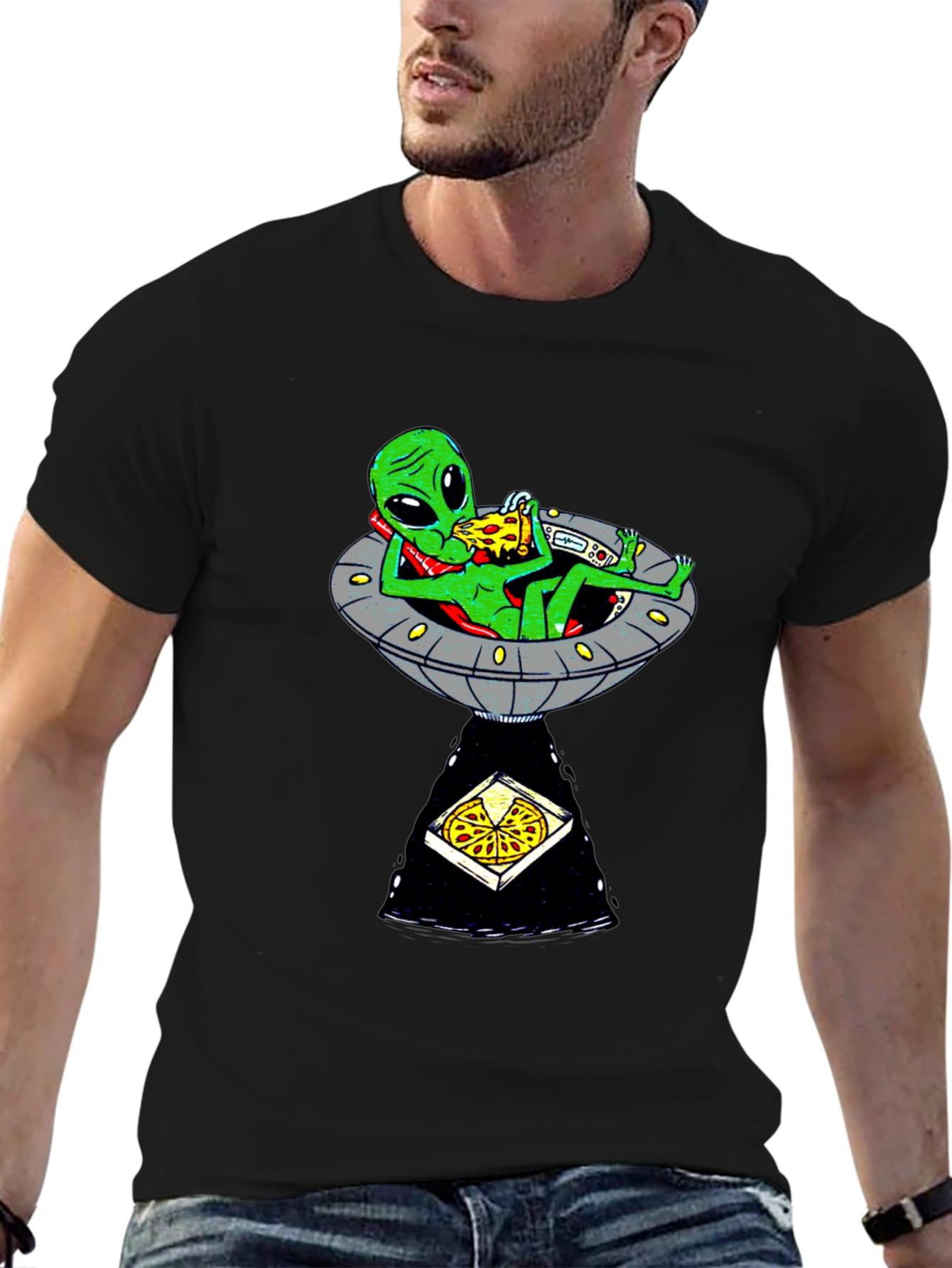 Black Alien Pizza UFO Graphic Tee - Black Cotton T-Shirt view 6