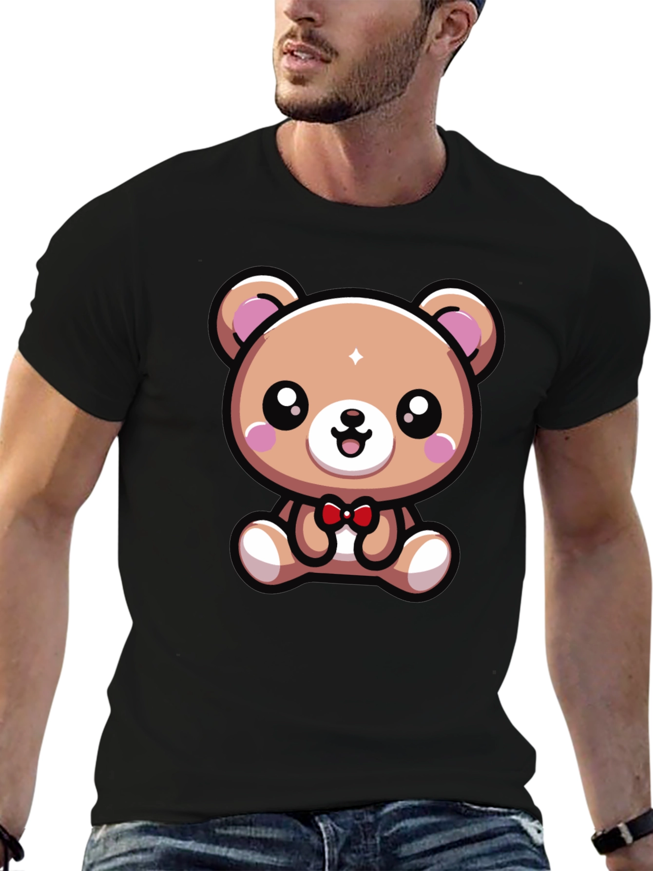 Black Cute Cartoon Bear Graphic Tee - Black view 6