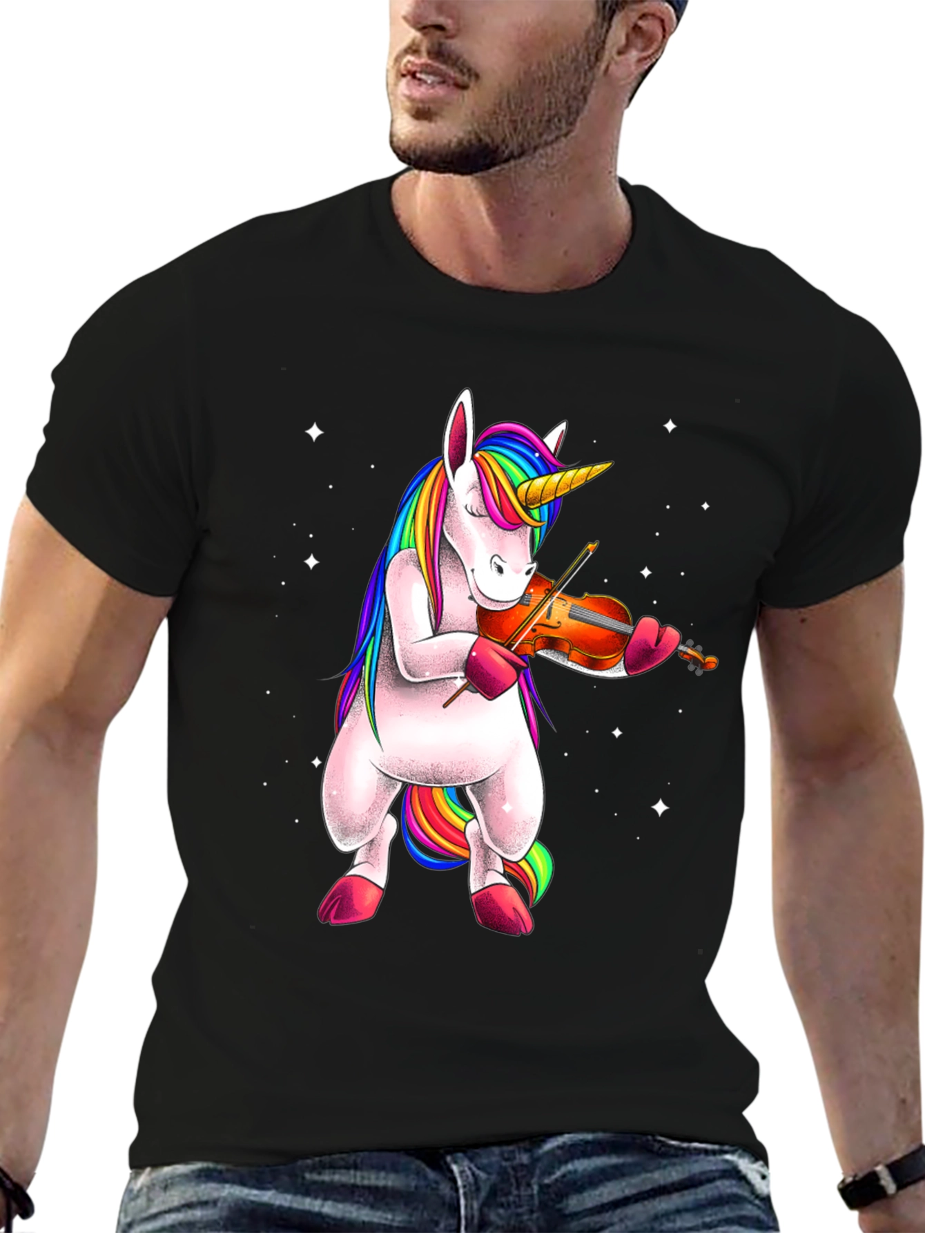 Black Unicorn Playing Violin T-Shirt - Black view 6