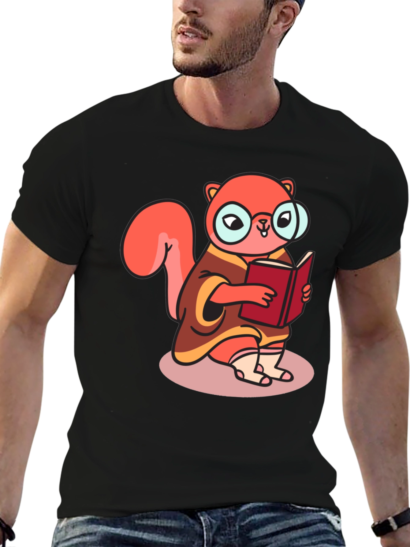 Black Bookish Squirrel Tee - Cartoon Animal Shirt view 6