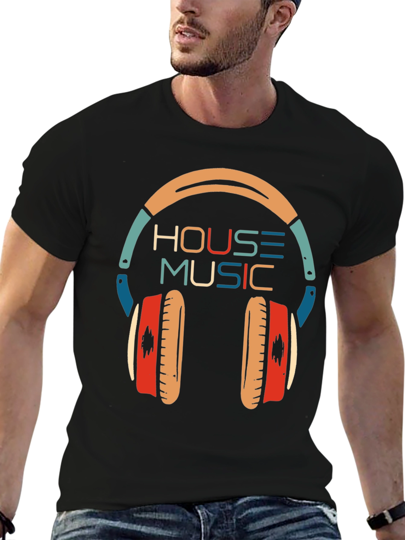 Black House Music Headphone Graphic T-Shirt view 6