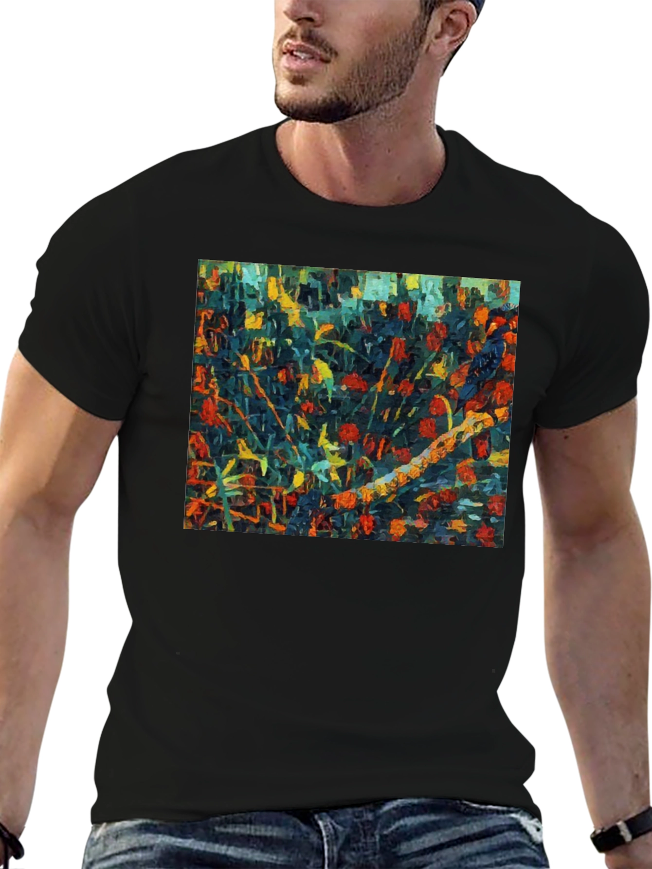 Black Abstract Floral Print Black T-Shirt view 6