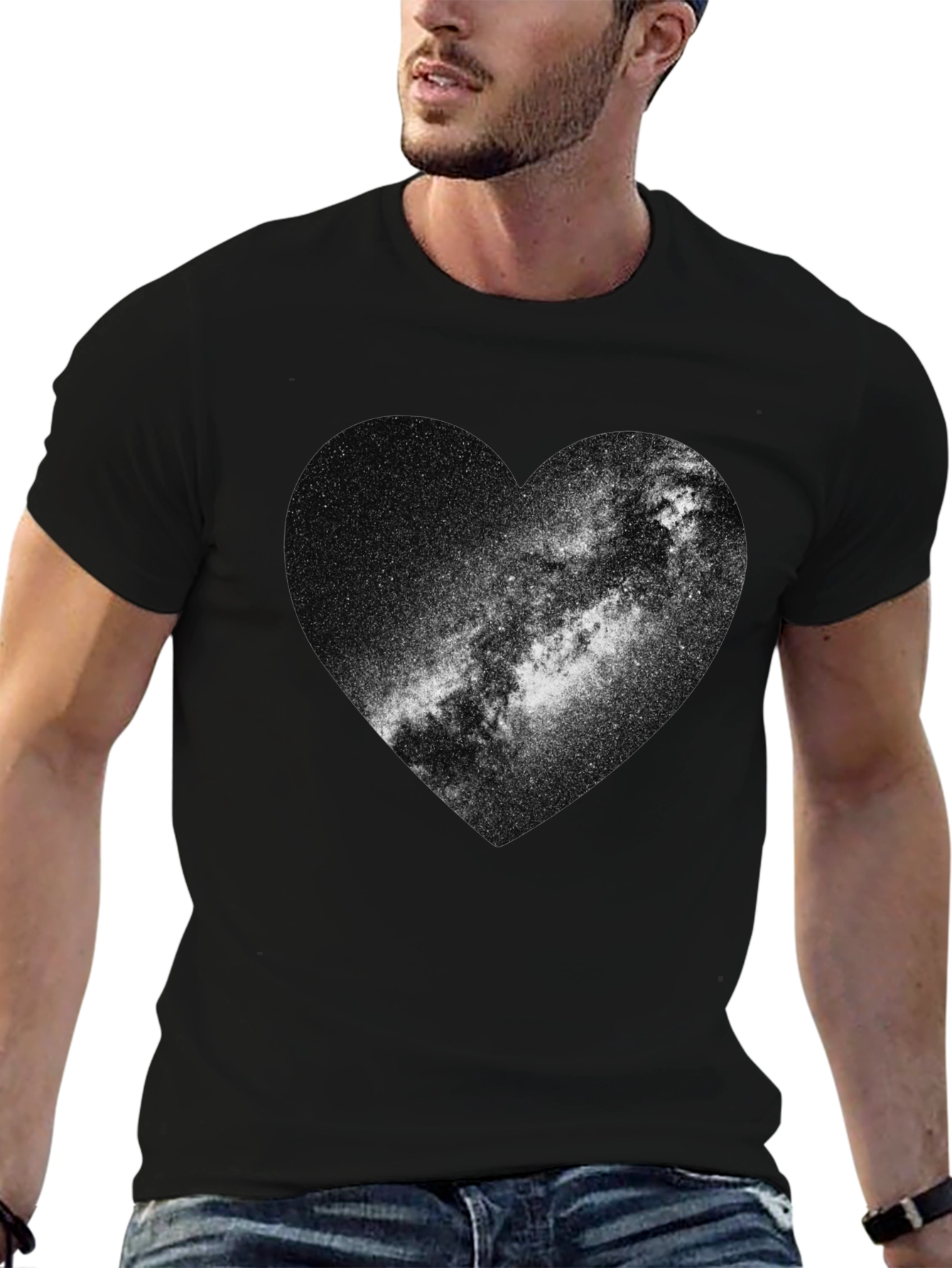 Black Galaxy Heart Graphic Tee - Stylish Black Cotton T-Shirt view 6