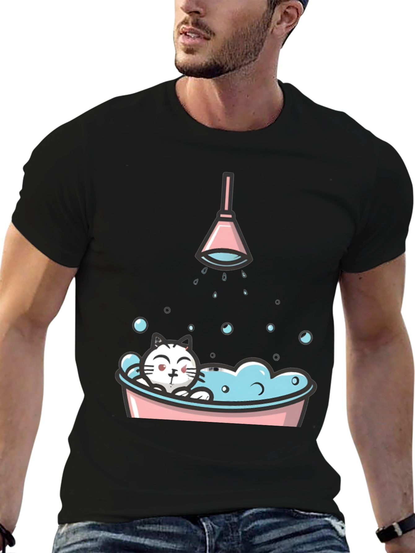 Black Cute Cat in Tub Graphic T-Shirt view 6