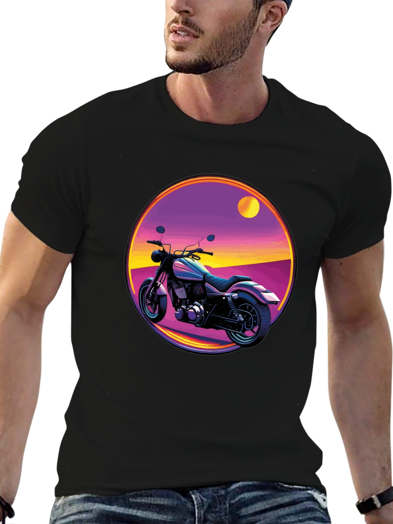 Black Retro Motorcycle Graphic Tee - Black Cotton T-Shirt view 6