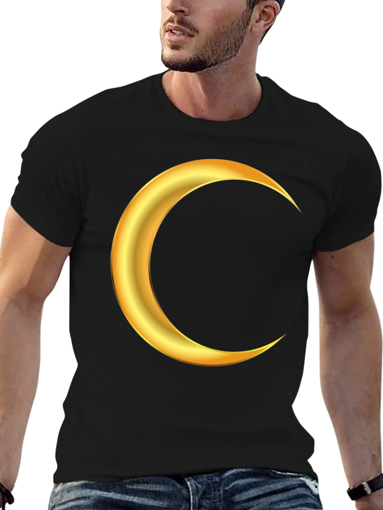 Black Golden Crescent Moon Graphic Black T-Shirt view 6