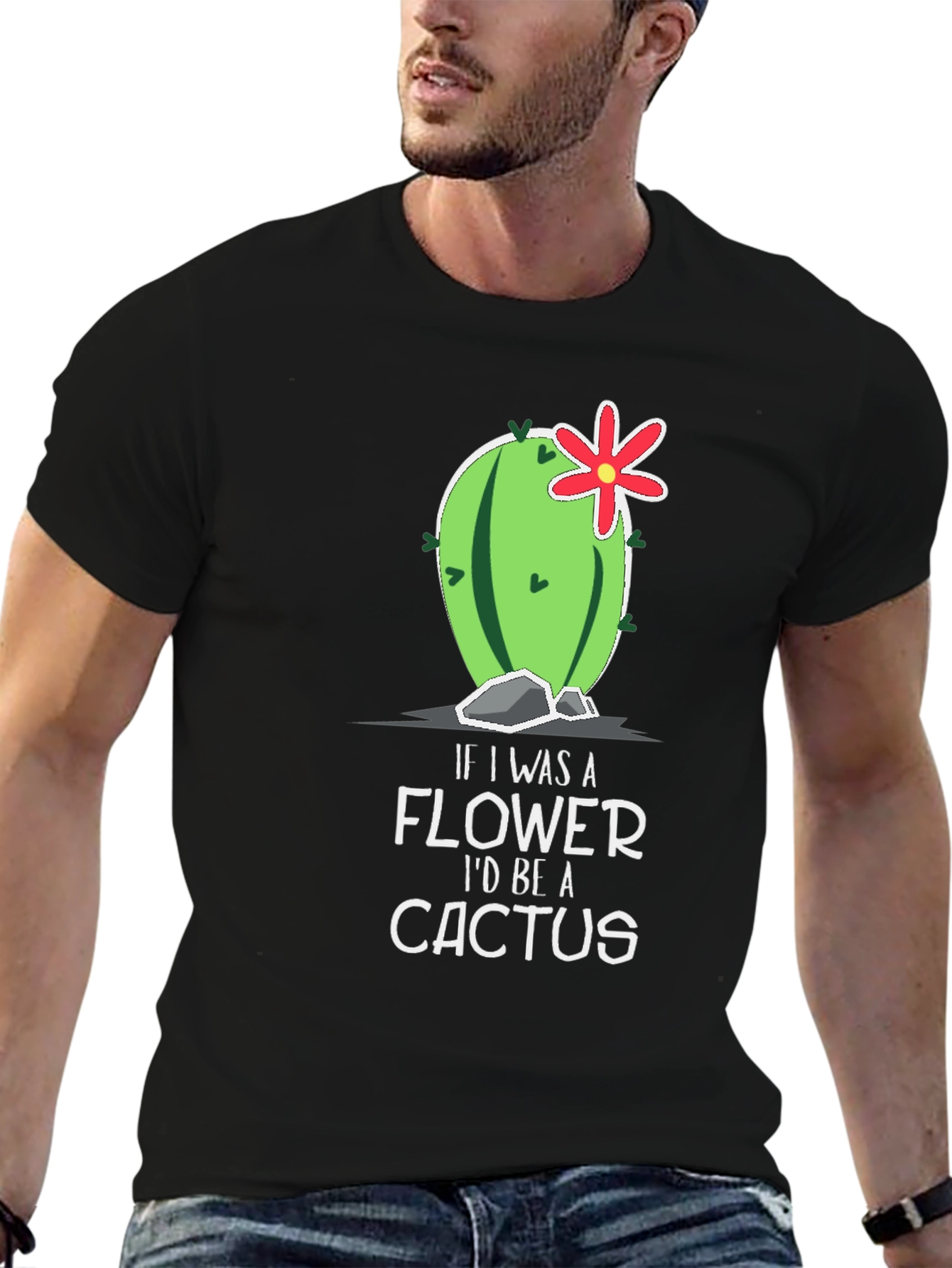 Black Funny Cactus Graphic T-Shirt - If I Was A Flower view 6