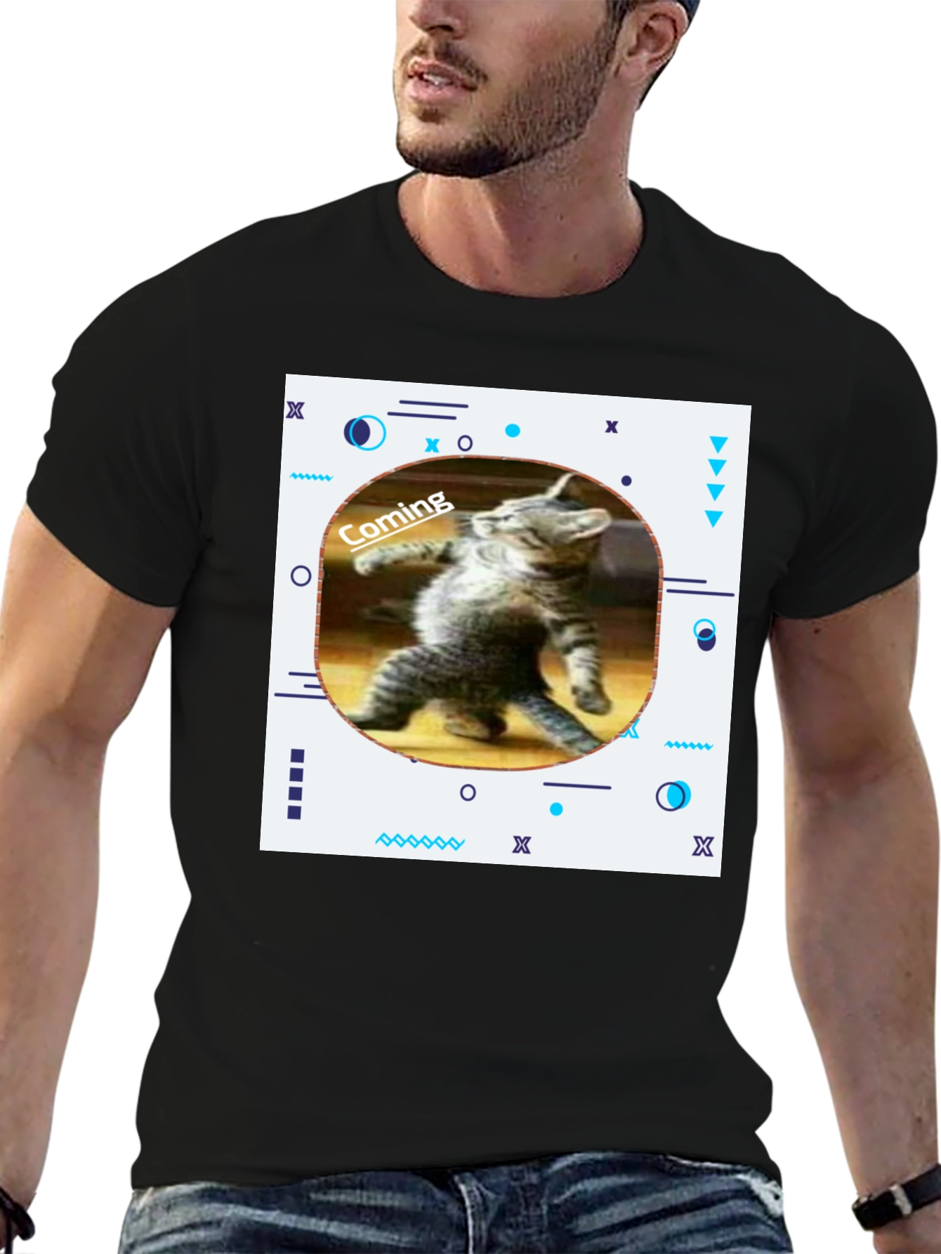 Black Funny Cat Coming T-Shirt - Black view 6