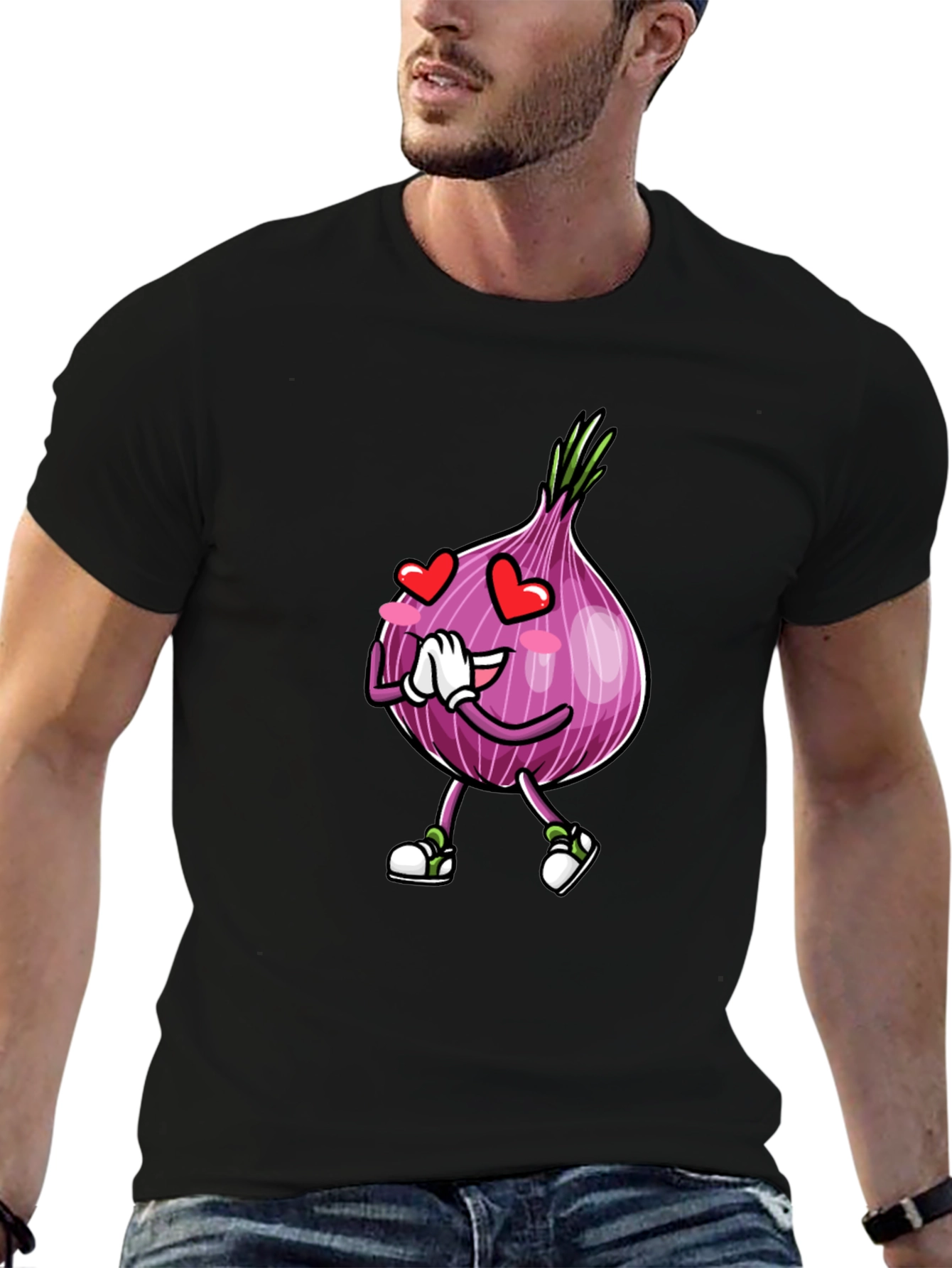 Black Cartoon Onion Love Black T-Shirt view 6