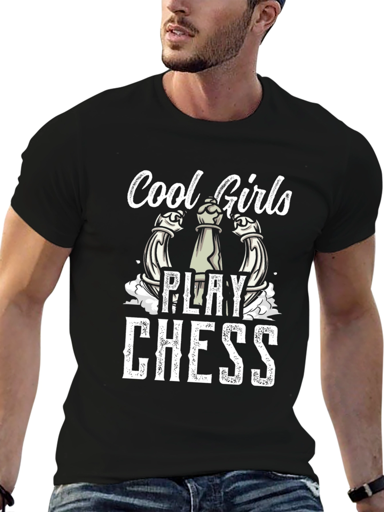 Black Cool Girls Play Chess T-Shirt - Black Cotton Tee view 6
