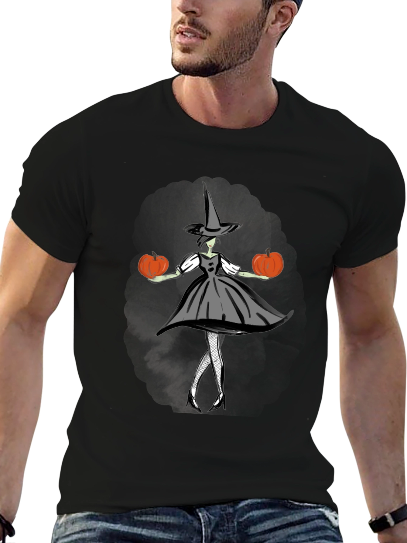Black Halloween Witch T-Shirt - Pumpkin Design view 6